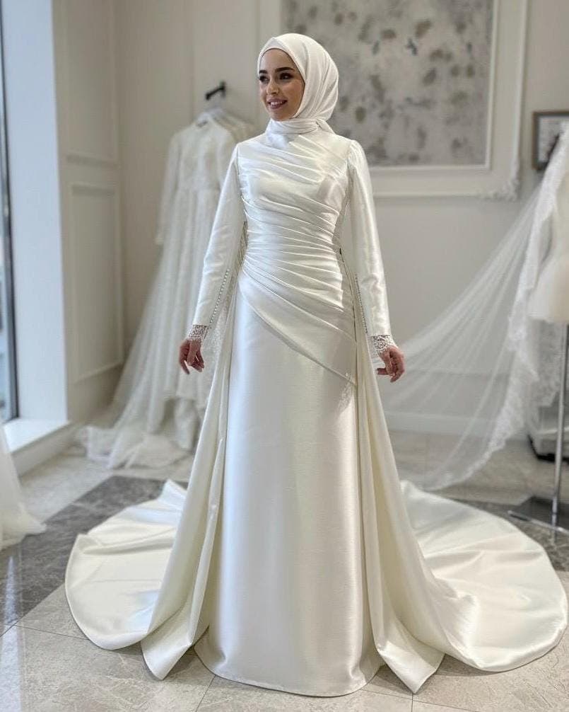 Hijab Wedding Dress, with Draped Satin – Long Sleeve Modest Bridal Gown - image 3