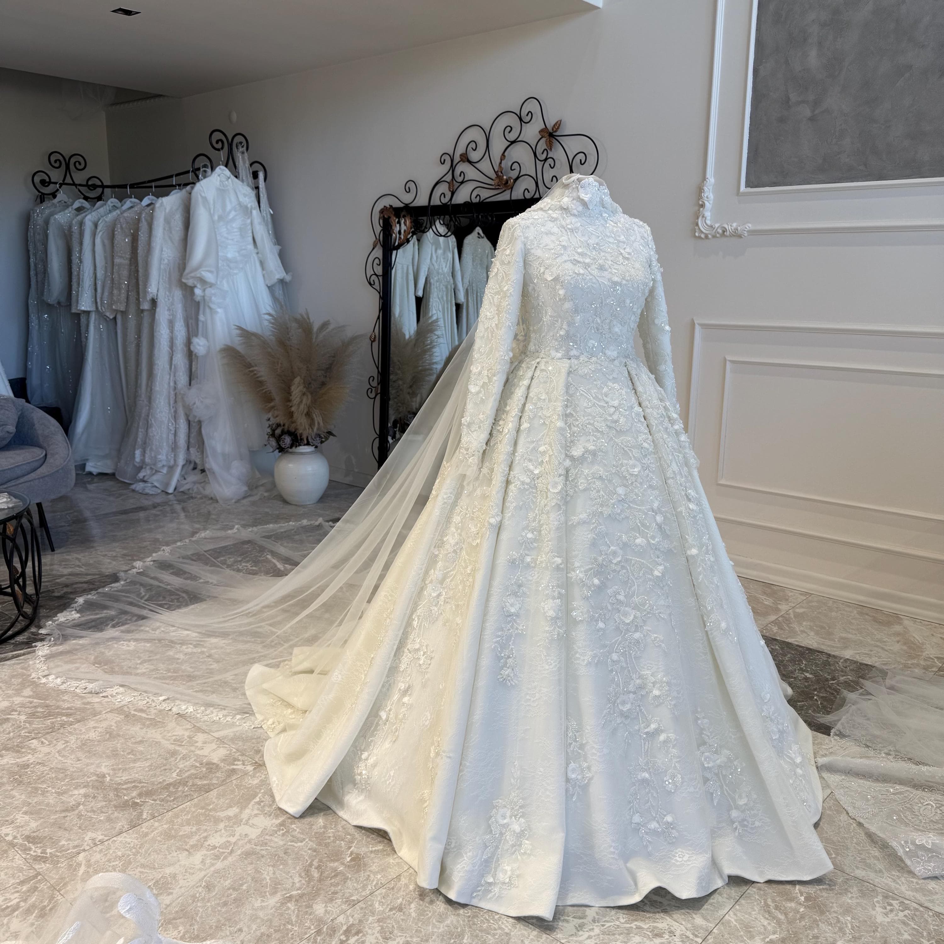 Hijab Wedding Dress with Floral Sleeves – 3D Lace  Modest Muslim Bridal Gown - image 3