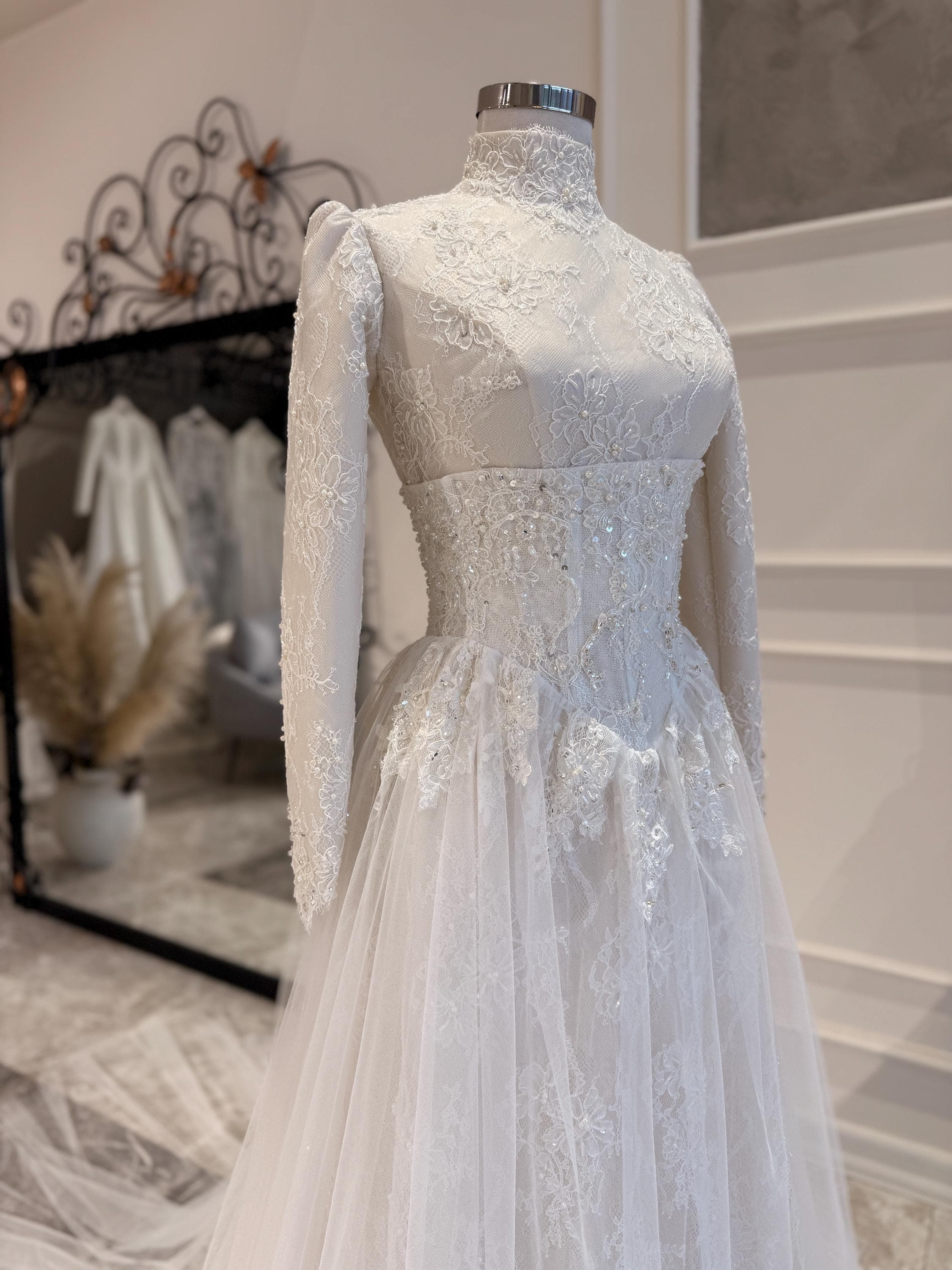 Lace Corset Wedding Dress with Detachable Train – Sculpted Long Sleeve Bridal Gown - image 4