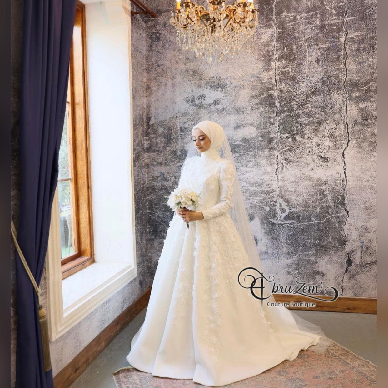 Muslimah Bride Dress, A-Line Hijab Wedding Dress with 3D Floral Lace  Modest Long Sleeve - image 5