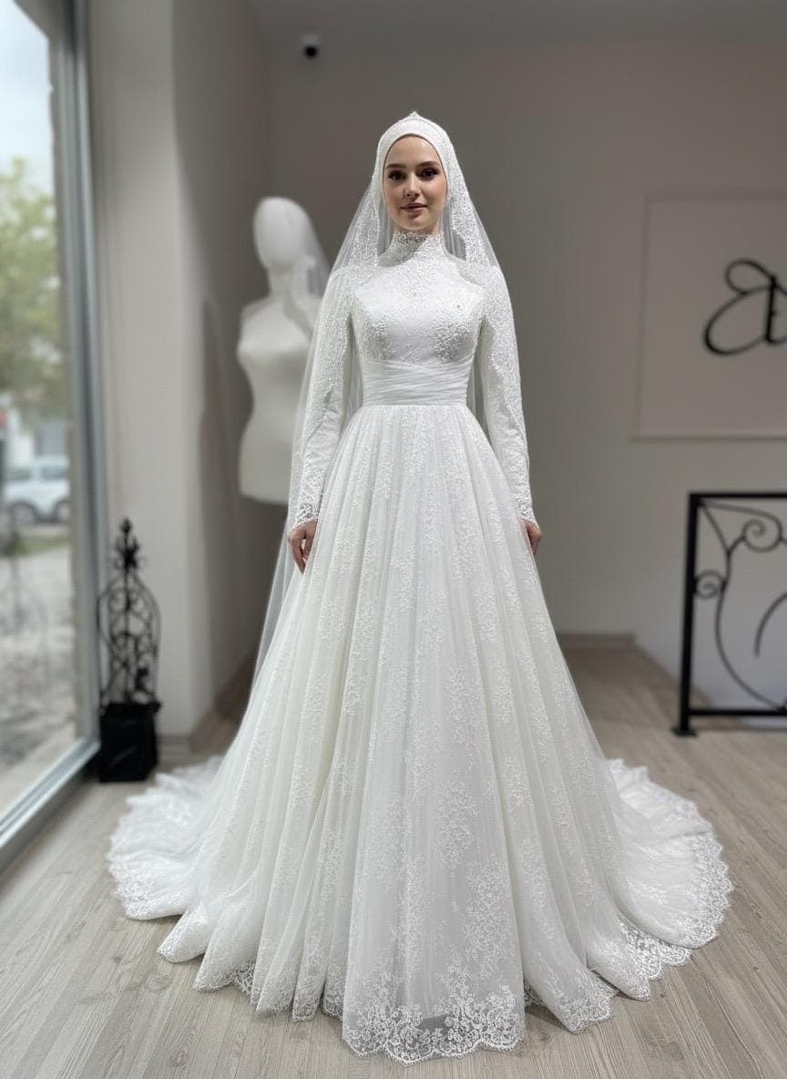 Modest Hijab Wedding Dress – Long Sleeve Lace Muslim Bridal Gown - image 5