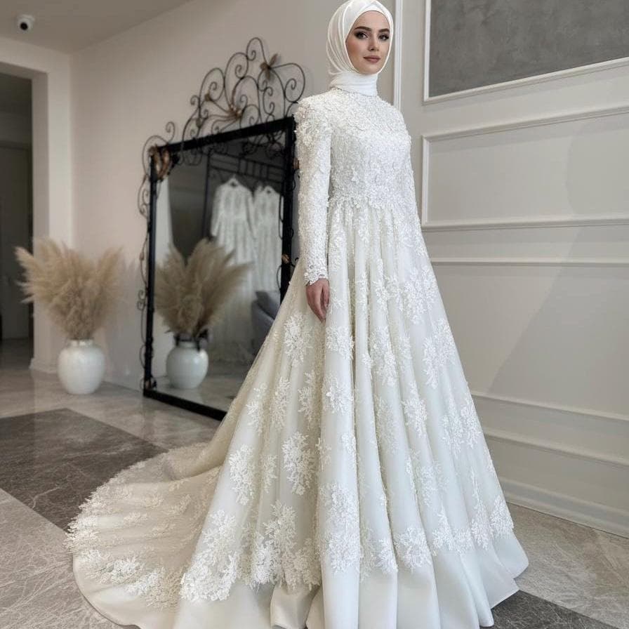 Lace Hijab Wedding Dress: Silk Tulle Muslim Bridal Gown