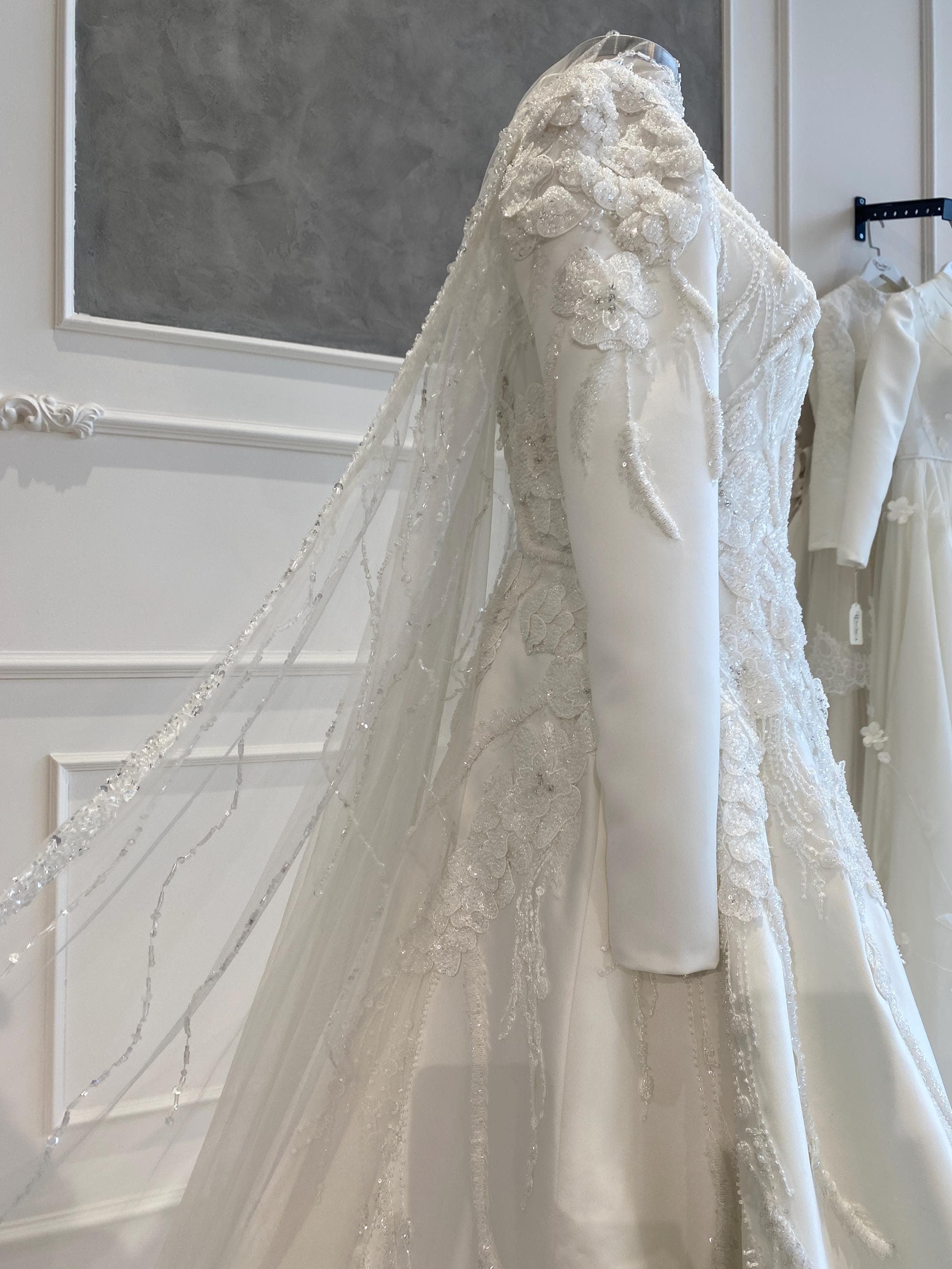 Satin A-Line Wedding Dress with Beaded Lace – Long Sleeve Modest Bridal Gown - image 5