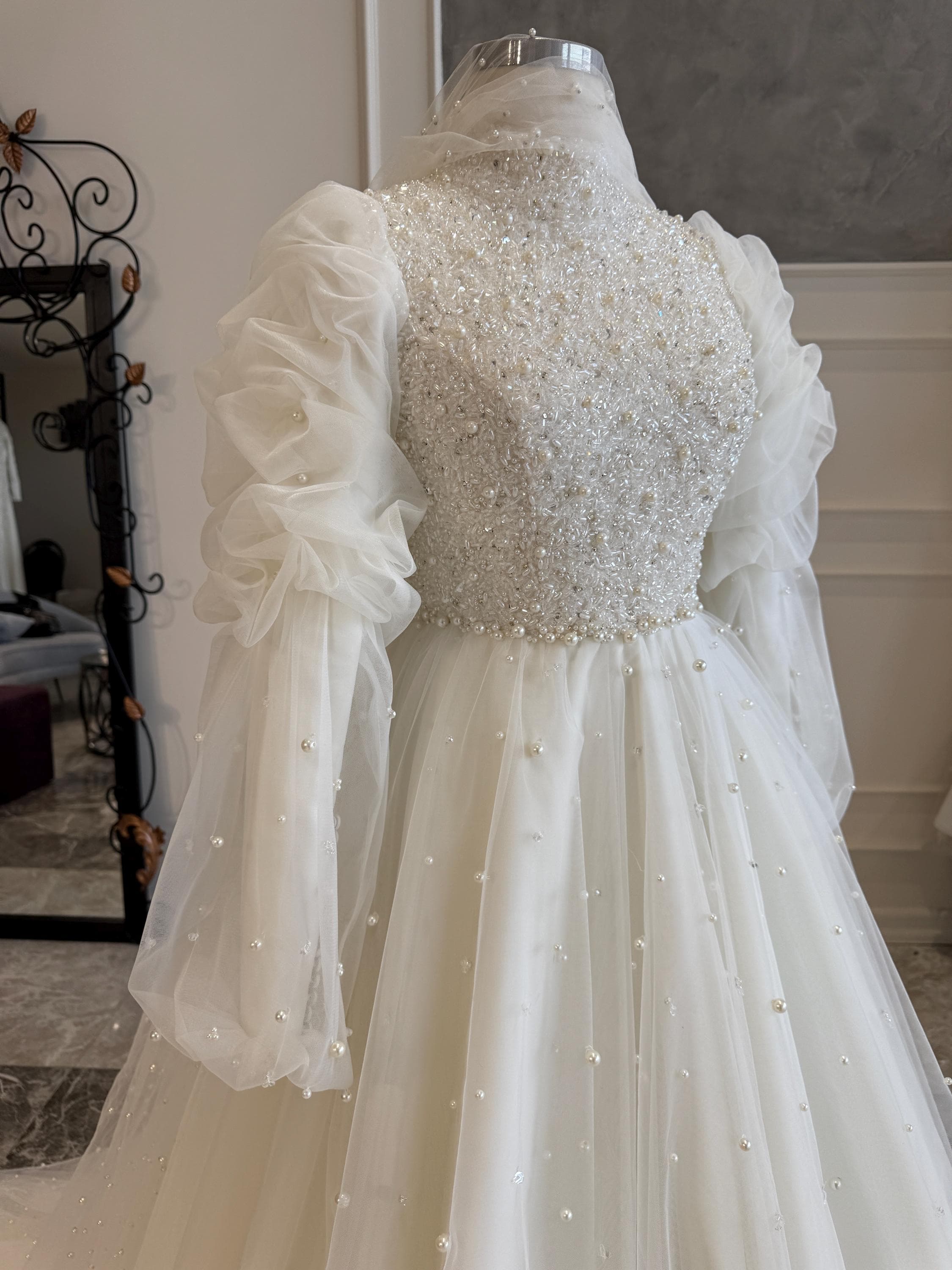Pearl Beaded Hijab Wedding Dress: Custom Bridal - image 3