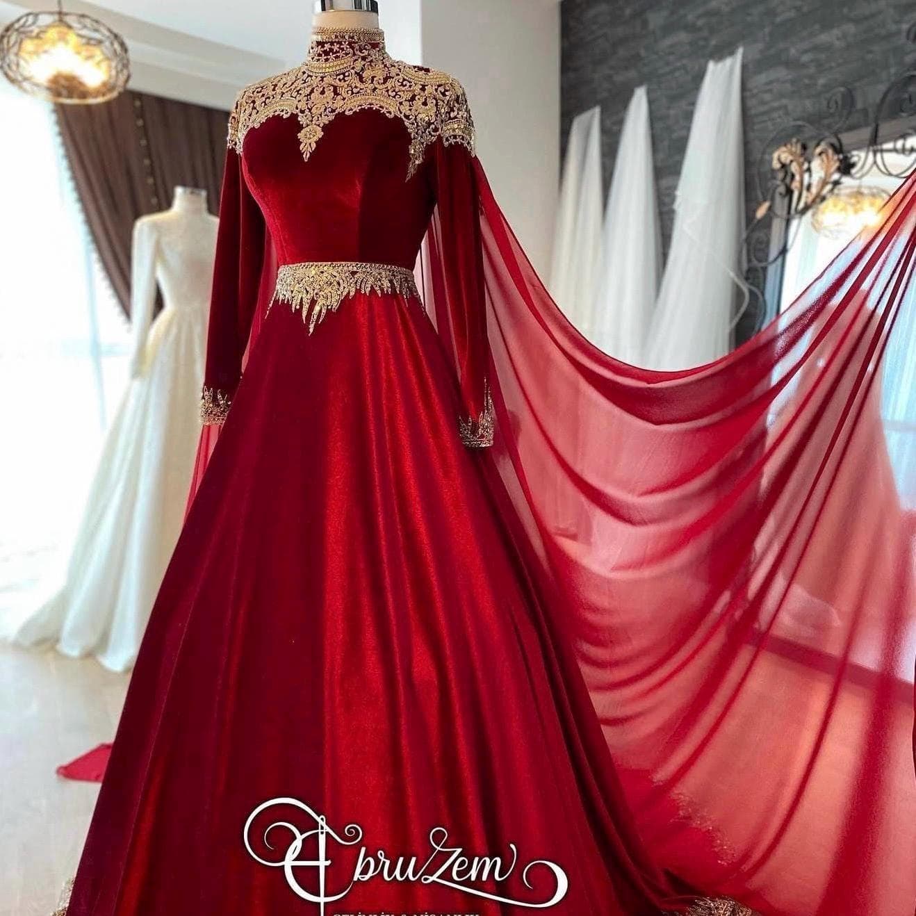 Crimson Velvet Ottoman Henna Dress – Gold Embroidered Modest Gown, Kina Night Outfit