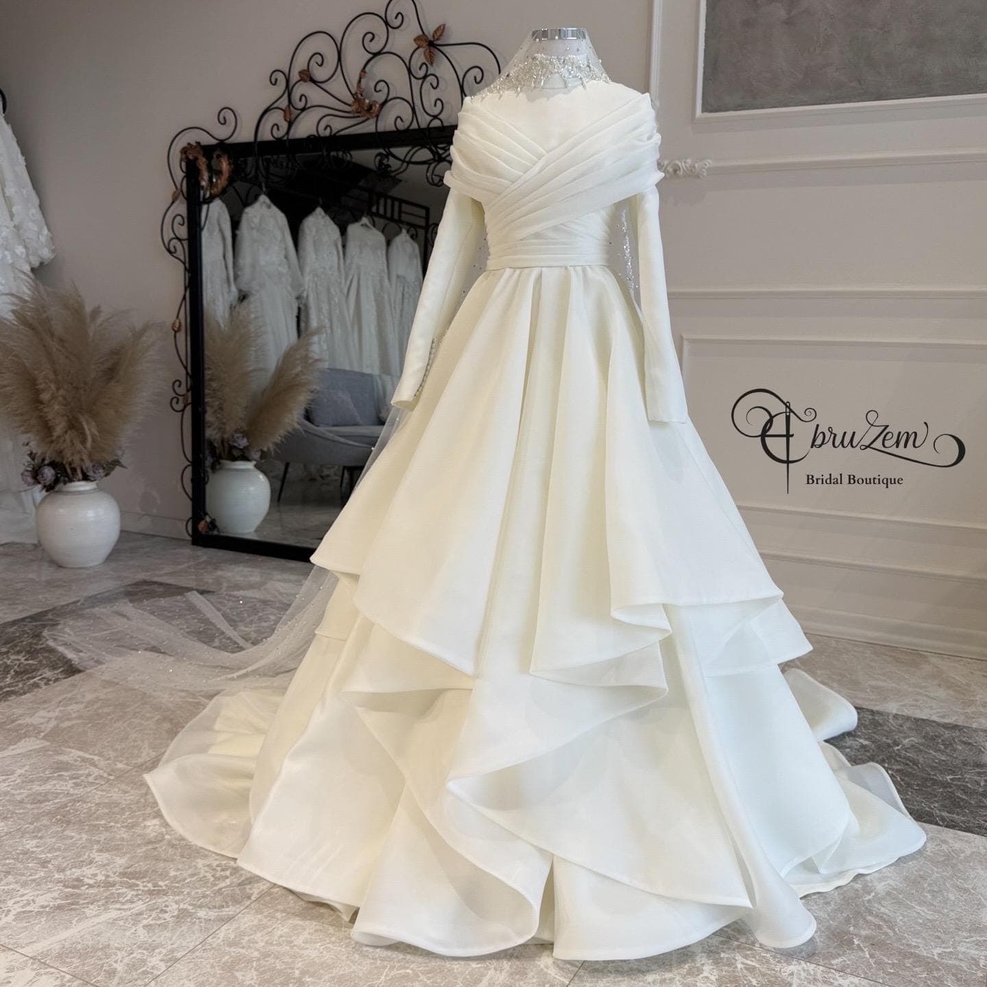 Custom Made Modest Wedding Dress – Draped Bodice, Layered Skirt, Long Sleeve Hijab Gown - image 5