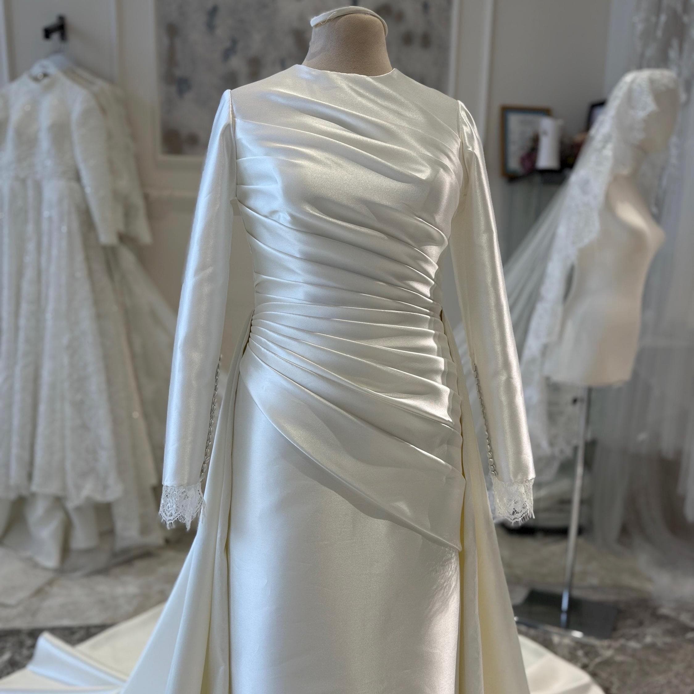 Hijab Wedding Dress, with Draped Satin – Long Sleeve Modest Bridal Gown - image 5