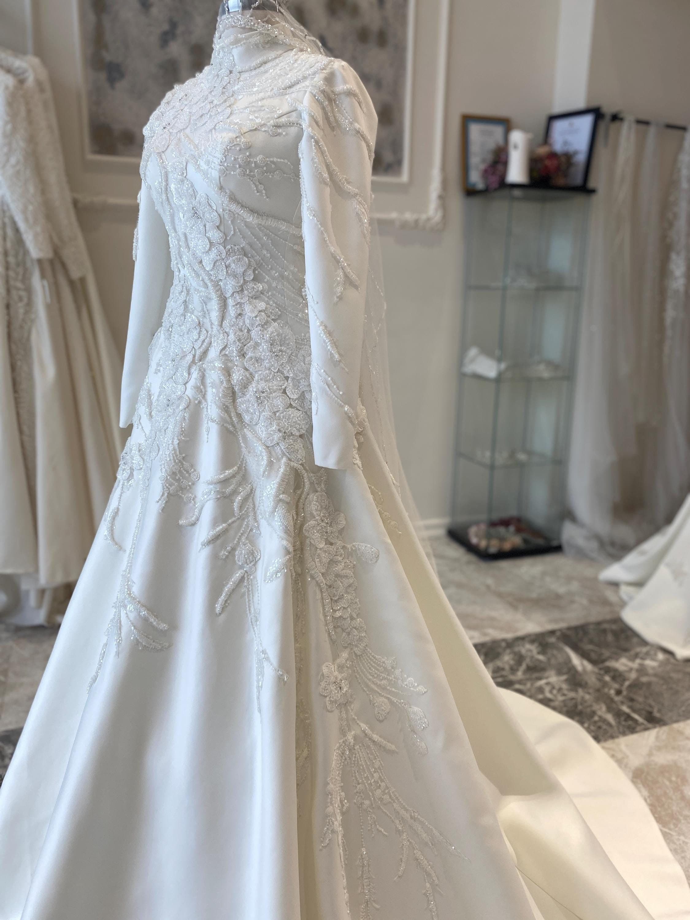 Satin A-Line Wedding Dress with Beaded Lace – Long Sleeve Modest Bridal Gown