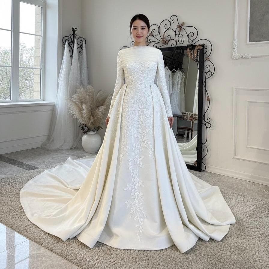 Luxury Satin Wedding Dress – Long Sleeve, Slim Fit, Train, Modest Hijab Bridal Gown - image 4