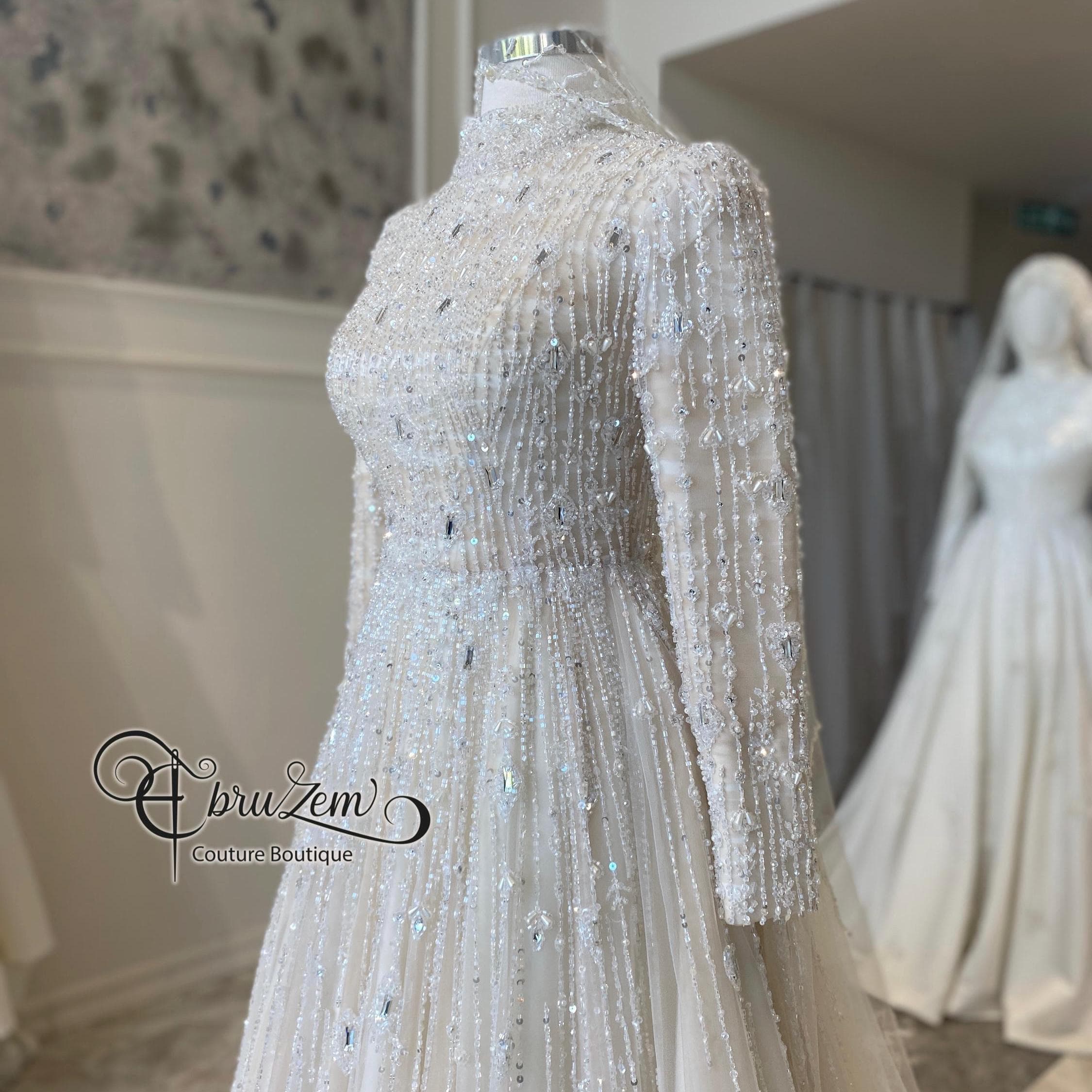 Modest Muslim Wedding Dress – Beaded A-Line Bridal Gown, Long Sleeve Elegant Hijab bridal
