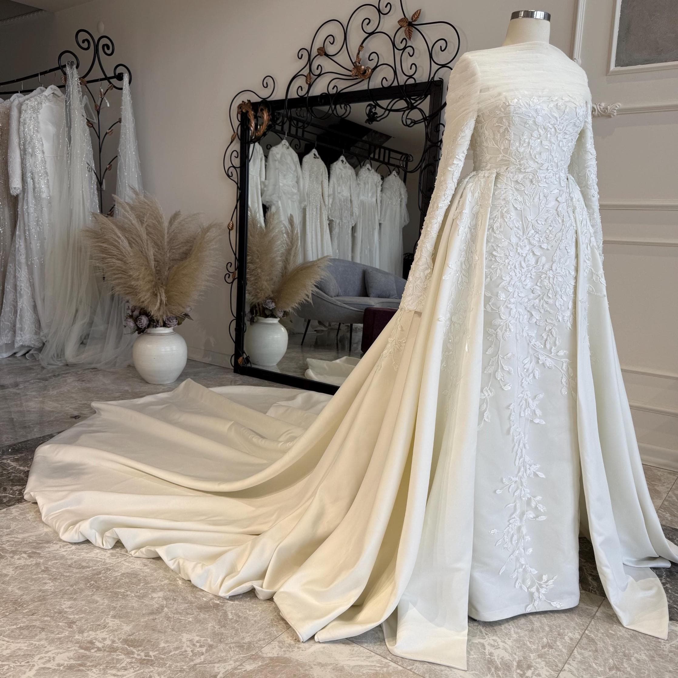 Luxury Satin Wedding Dress – Long Sleeve, Slim Fit, Train, Modest Hijab Bridal Gown
