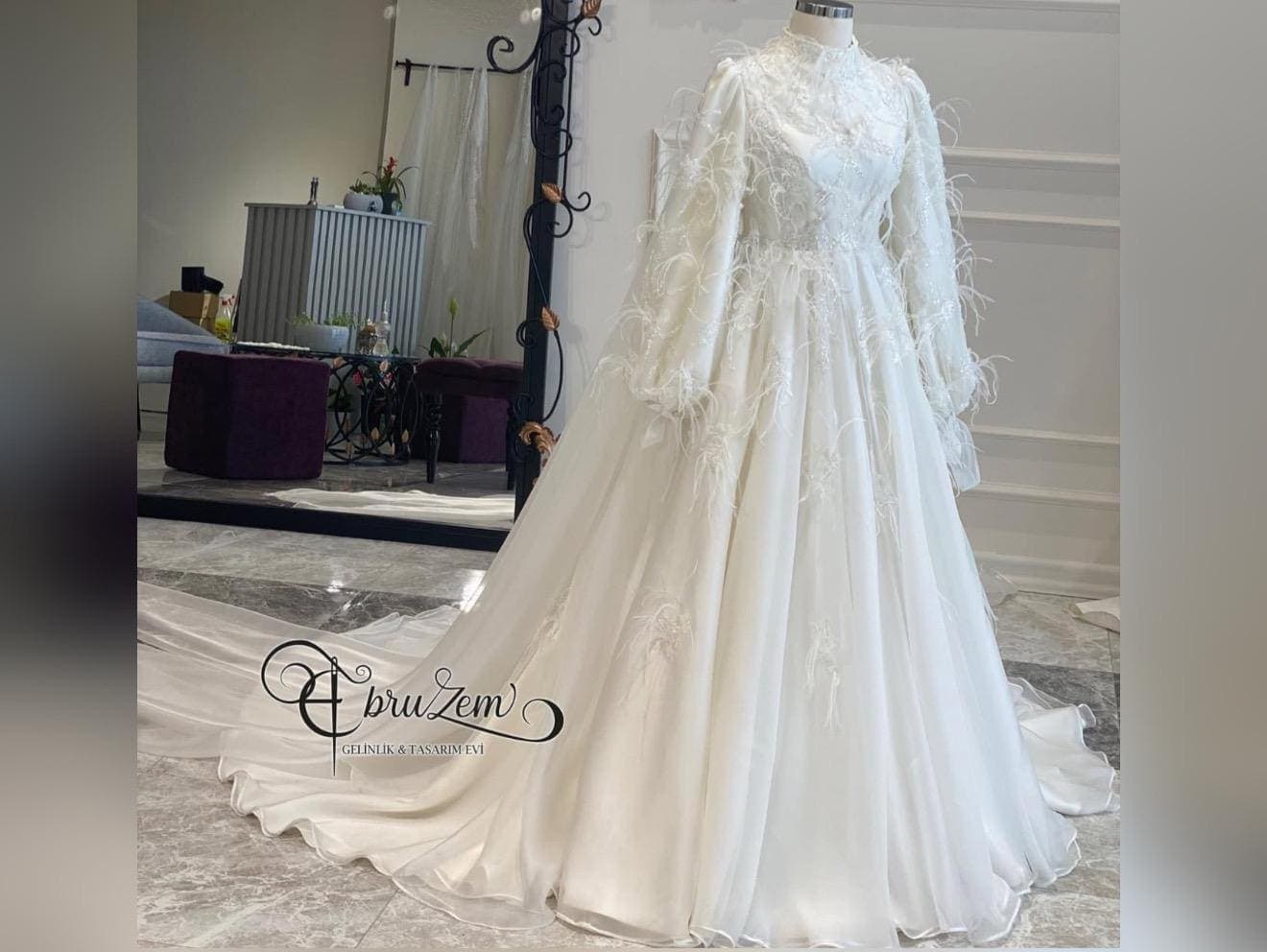 Boho Hijab Wedding Dress – Modest Gown with Lace & Long Sleeves on Silk Satin - image 3