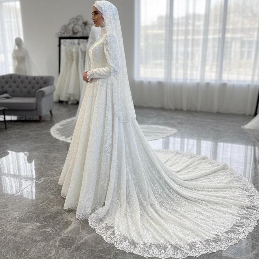 Modest Hijab Wedding Dress – Full Lace Muslim Bridal Gown with Train - image 4