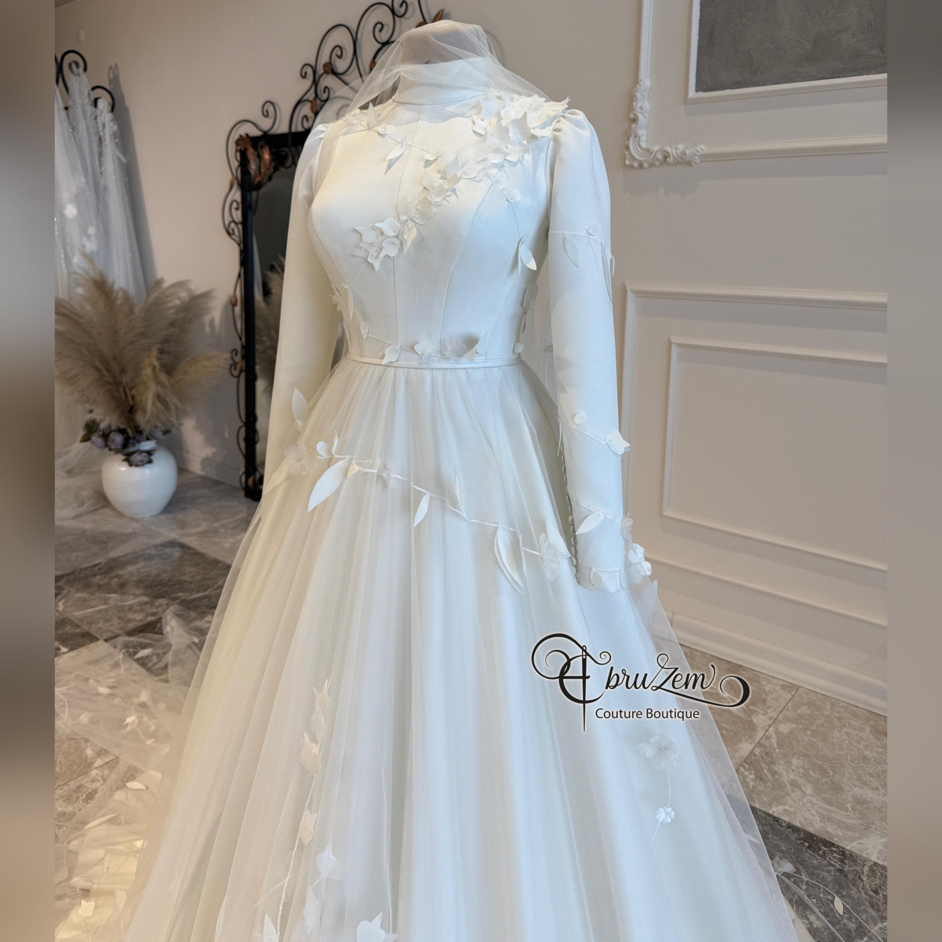 Modest Muslim Wedding Dress – Floral Lace A-Line Bridal Gown, Long Sleeve Elegant Hijab - image 3