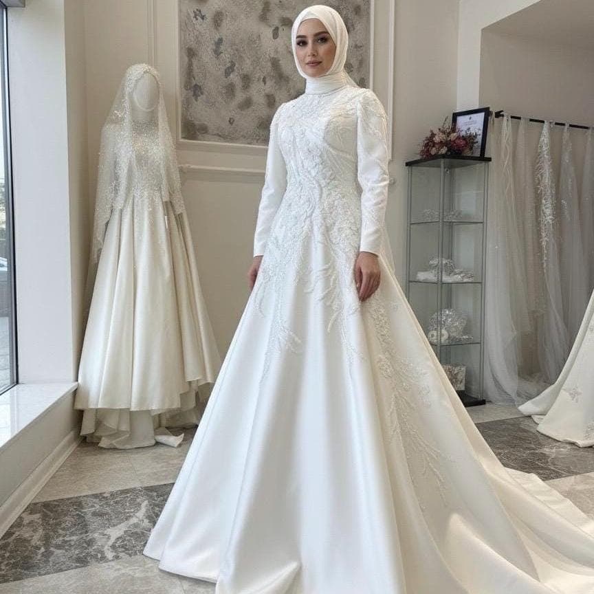 Satin A-Line Wedding Dress with Beaded Lace – Long Sleeve Modest Bridal Gown - image 3