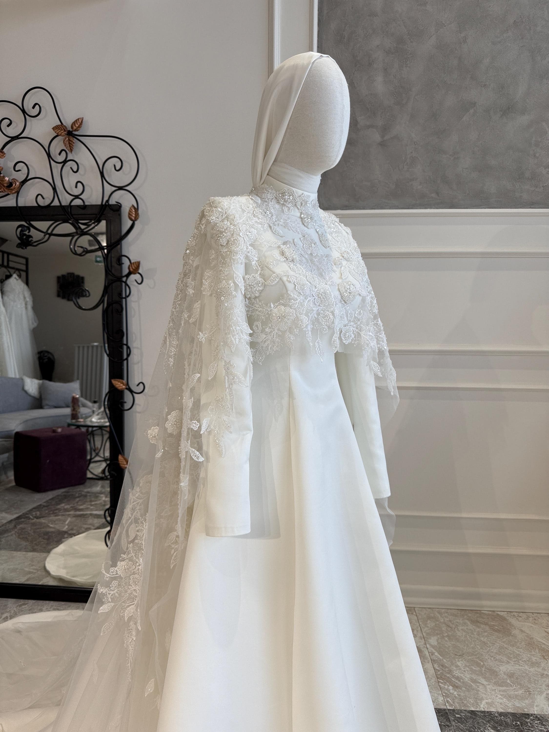Elegant Satin Hijab Wedding Dress with Cape – Minimalist Modest Bridal Gown - image 3