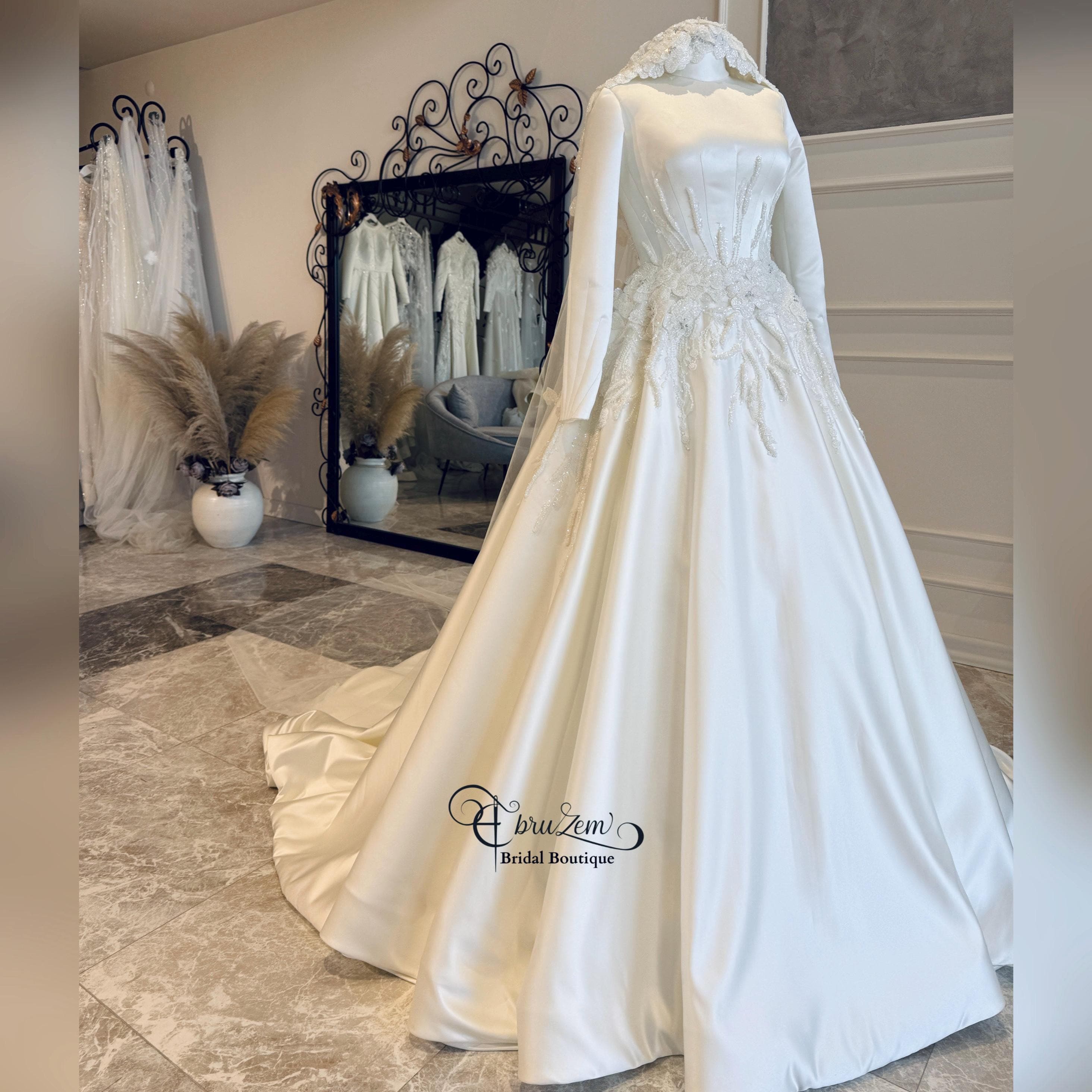 Modest Satin Hijab Wedding Gown – Hand-Beaded Lace A-Line Bridal Dress - image 3
