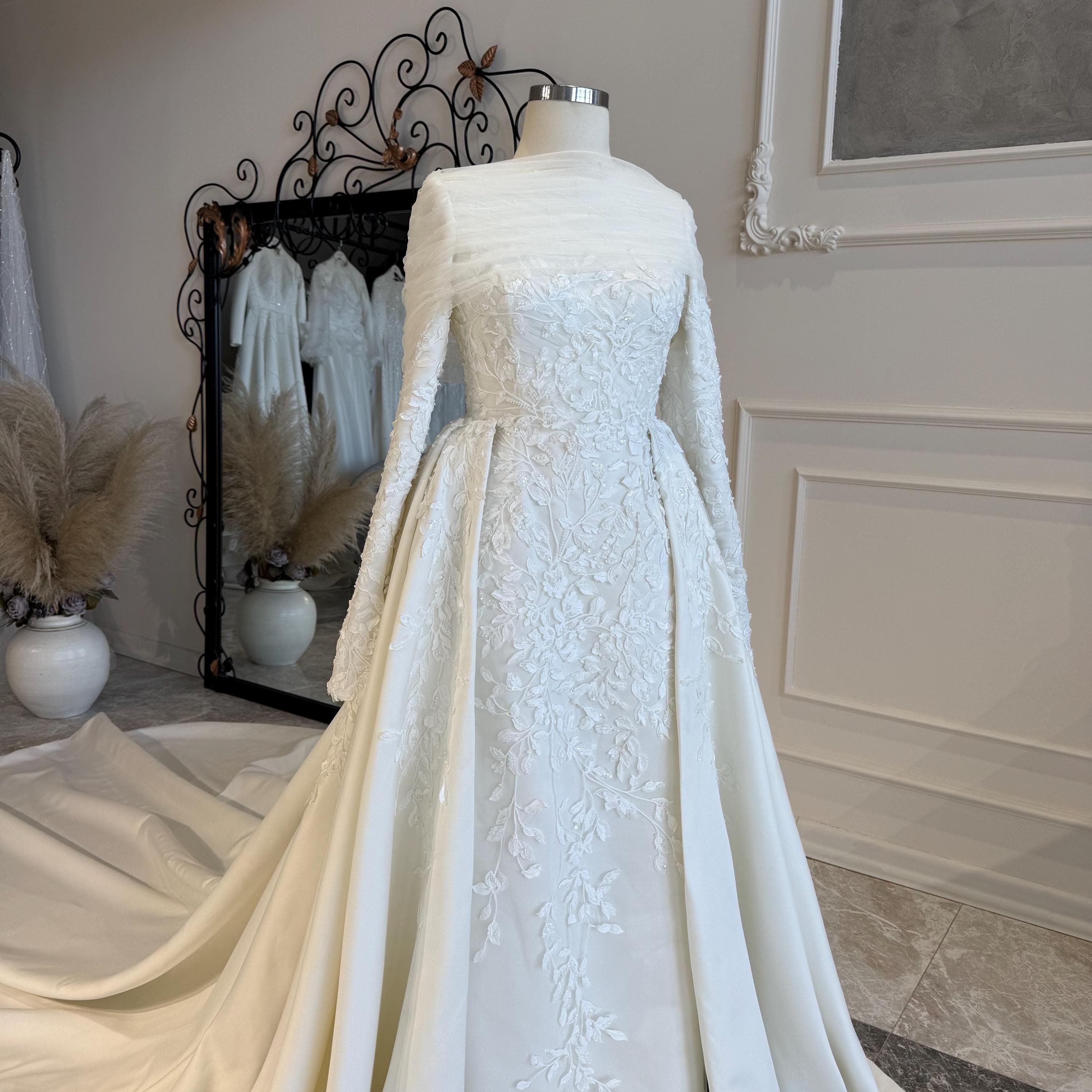 Luxury Satin Wedding Dress – Long Sleeve, Slim Fit, Train, Modest Hijab Bridal Gown - image 5