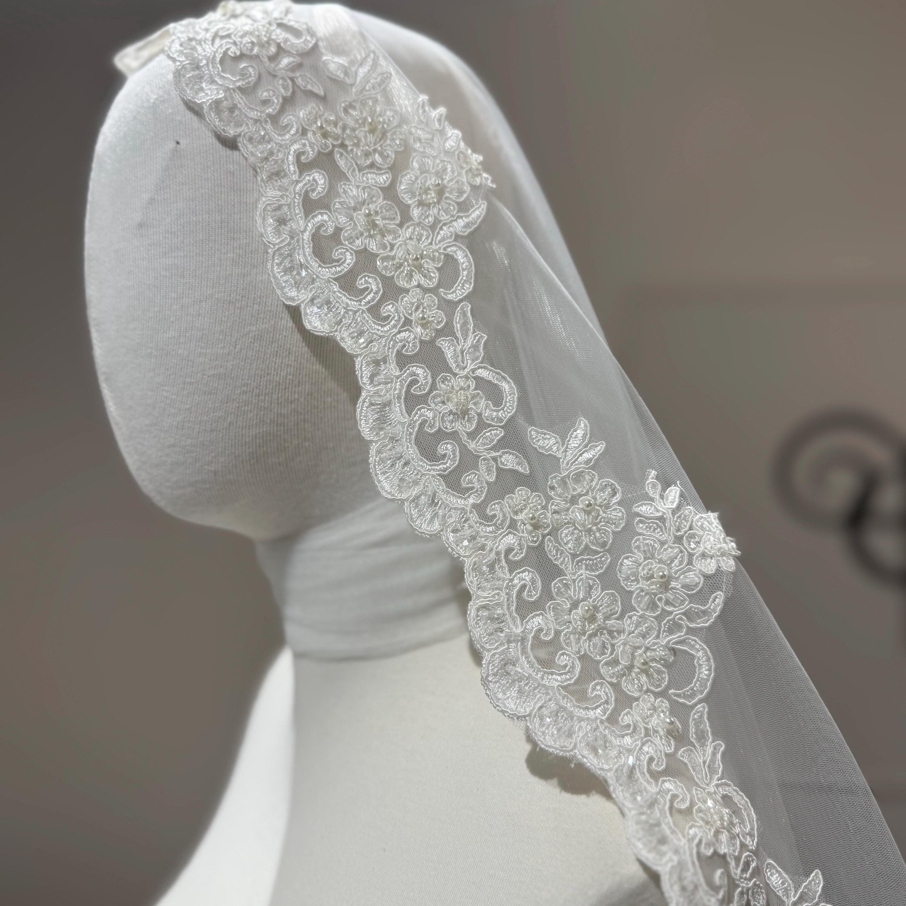 Soft Tulle Cathedral Veil with Floral Lace Embroidery – Timeless Bridal Accessory