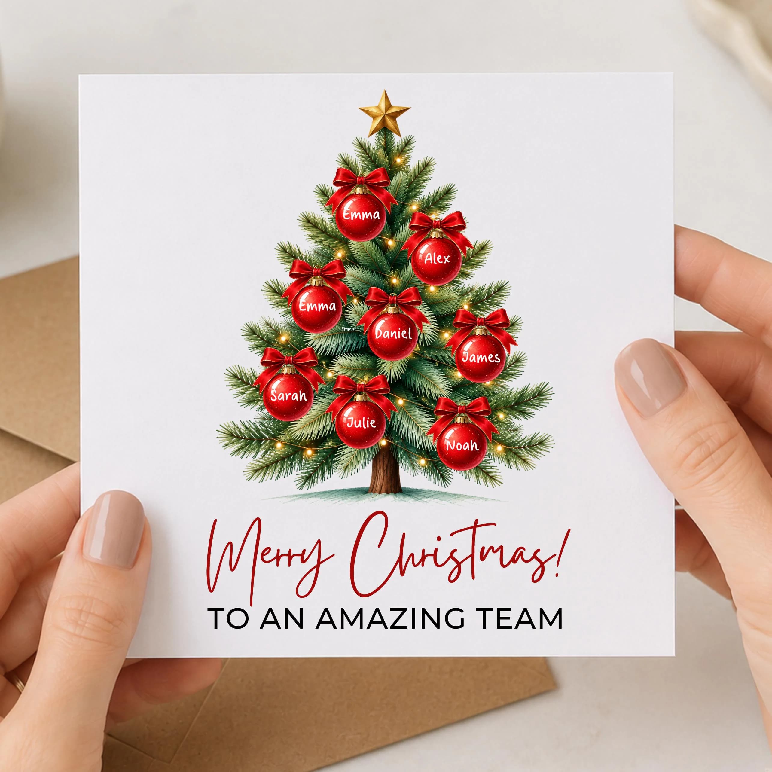 Personalised Team Christmas Card, Custom Staff Name Bauble Card, Christmas Card for Employees & Colleagues