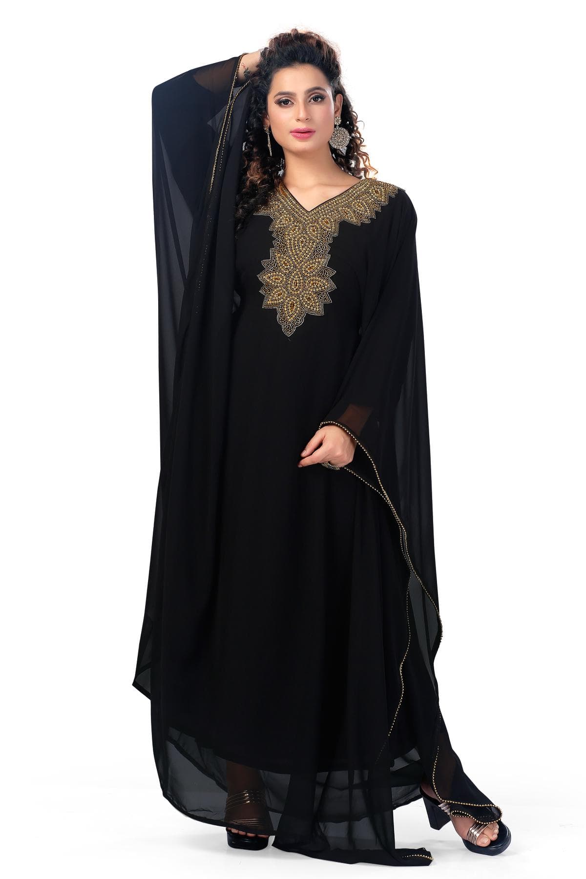 Sequin Kaftan Abaya: Georgette Chiffon Islamic Maxi Dress with Scarf_KAF-2033 - image 3