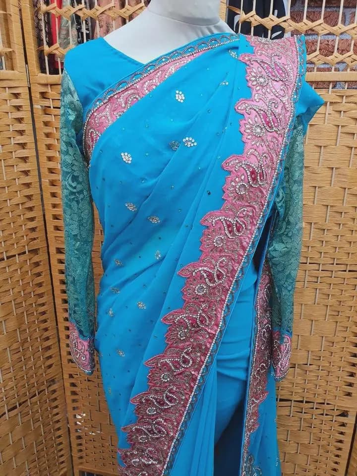 Designer Party Wear Indian Pakistani Stylish Stone Saree Sari with Blouse_SA-3753