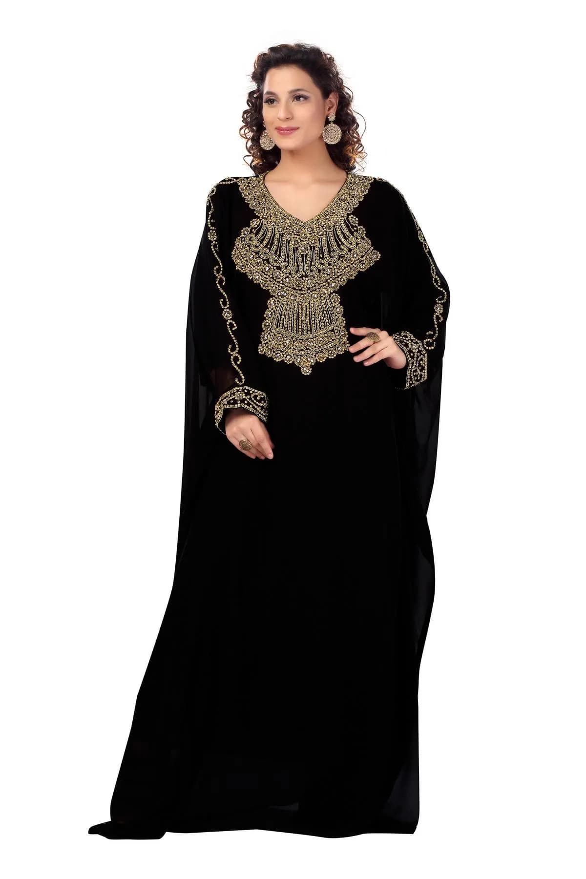 Sequin Kaftan Abaya with Scarf: Georgette Chiffon Islamic Dress_KAF-2028