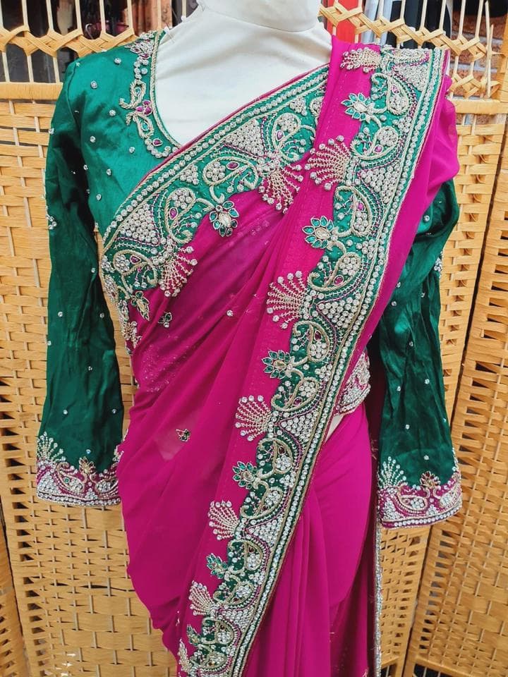 Stylish Stone Saree Party Wear Indian Pakistani Designer Sari with Blouse_SA-1075