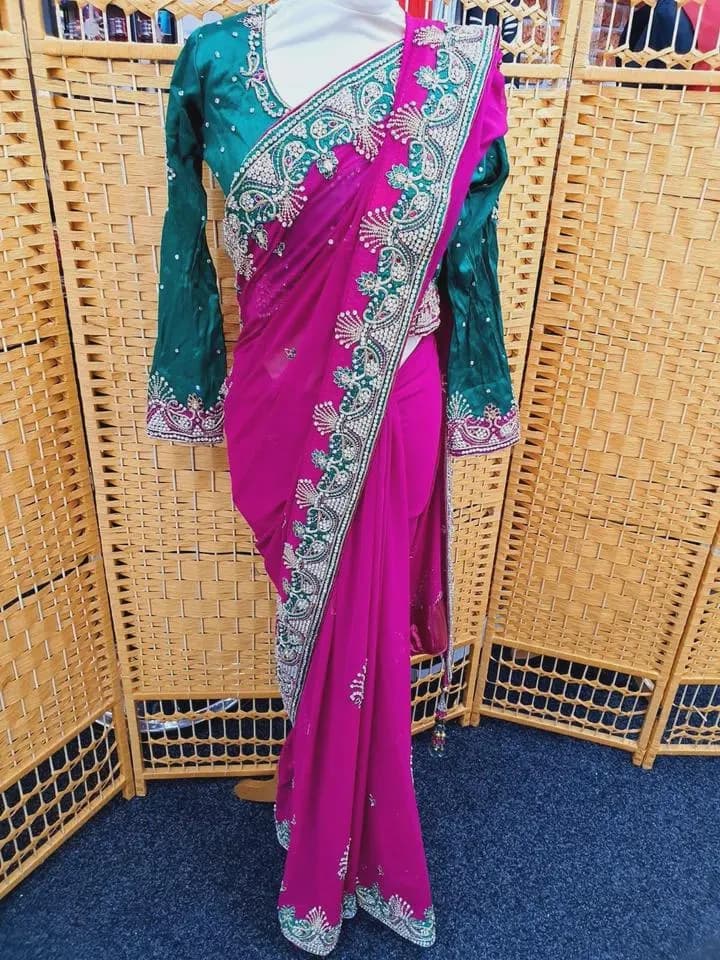 Stylish Stone Saree Party Wear Indian Pakistani Designer Sari with Blouse_SA-1075 - image 3