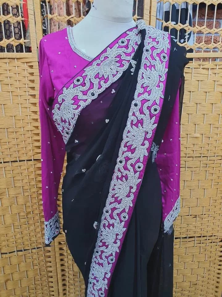 Stylish Stone Saree Party Wear Indian Pakistani Designer Sari with Blouse_SA-1078