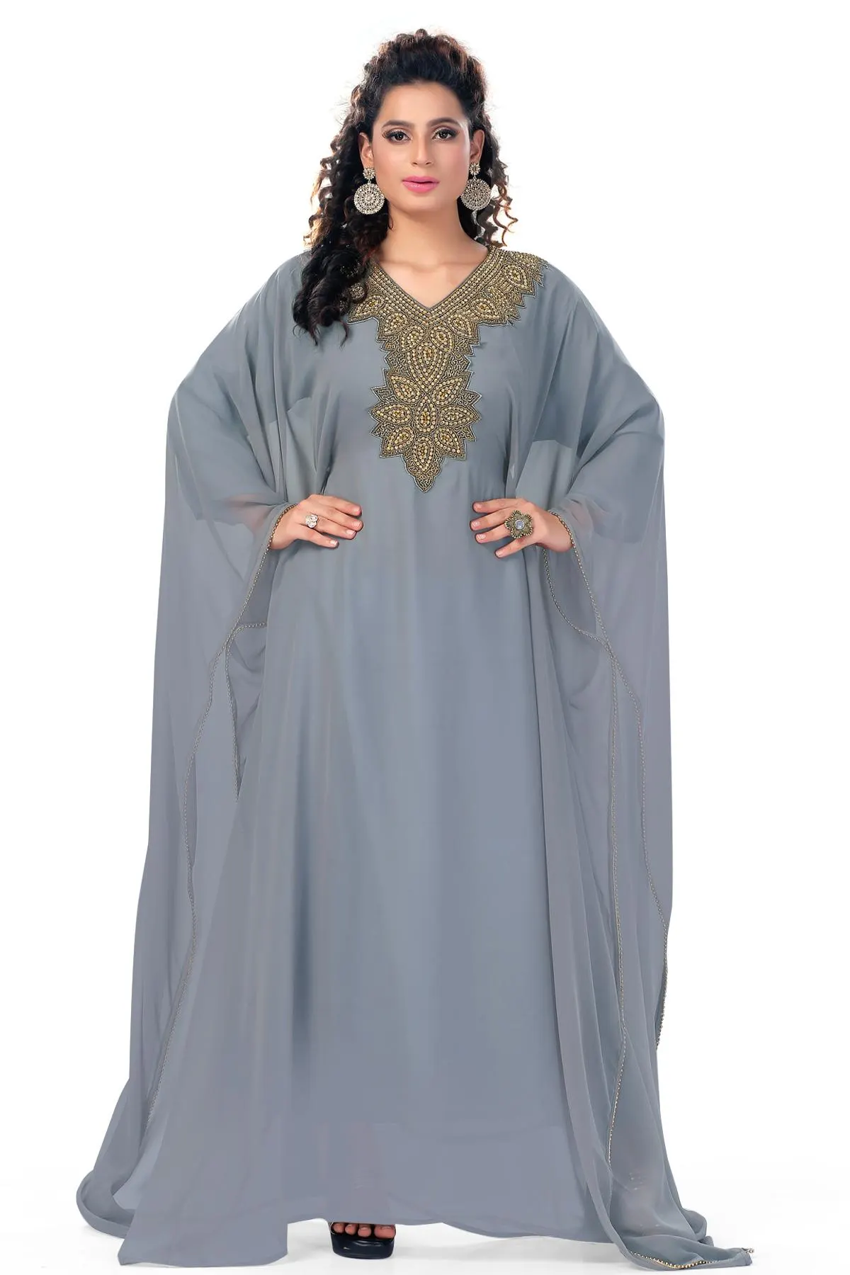 Sequin Kaftan Abaya: Georgette Chiffon Islamic Maxi Dress with Scarf_KAF-2033 - image 5