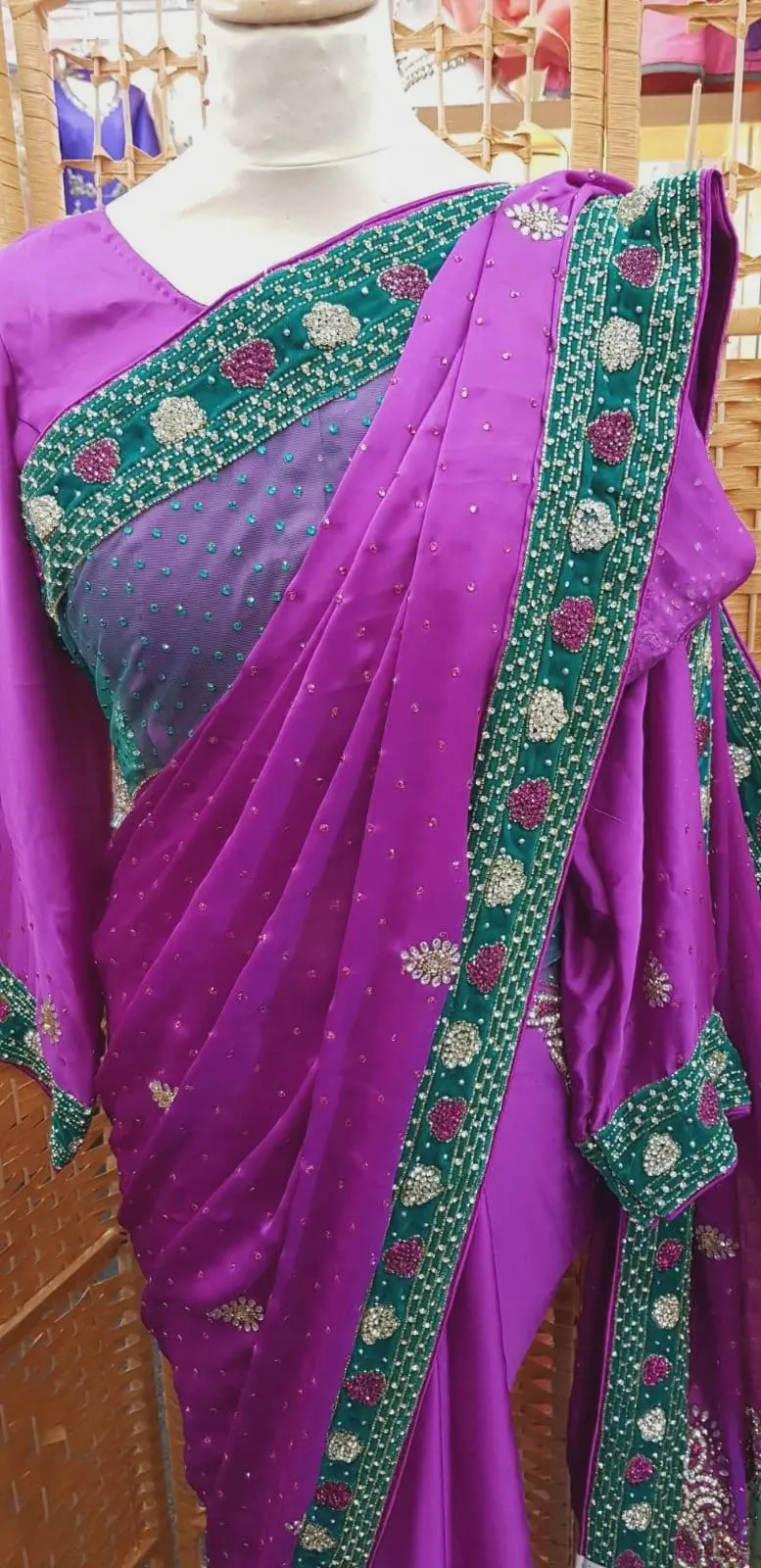 Indian Pakistani Designer Party Wear Stylish Stone Saree Sari with Blouse_SA-3747