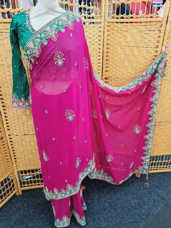 Stylish Stone Saree Party Wear Indian Pakistani Designer Sari with Blouse_SA-1075 - image 4