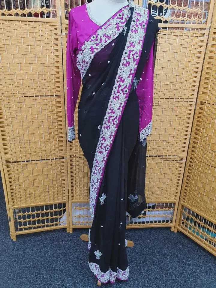 Stylish Stone Saree Party Wear Indian Pakistani Designer Sari with Blouse_SA-1078 - image 3