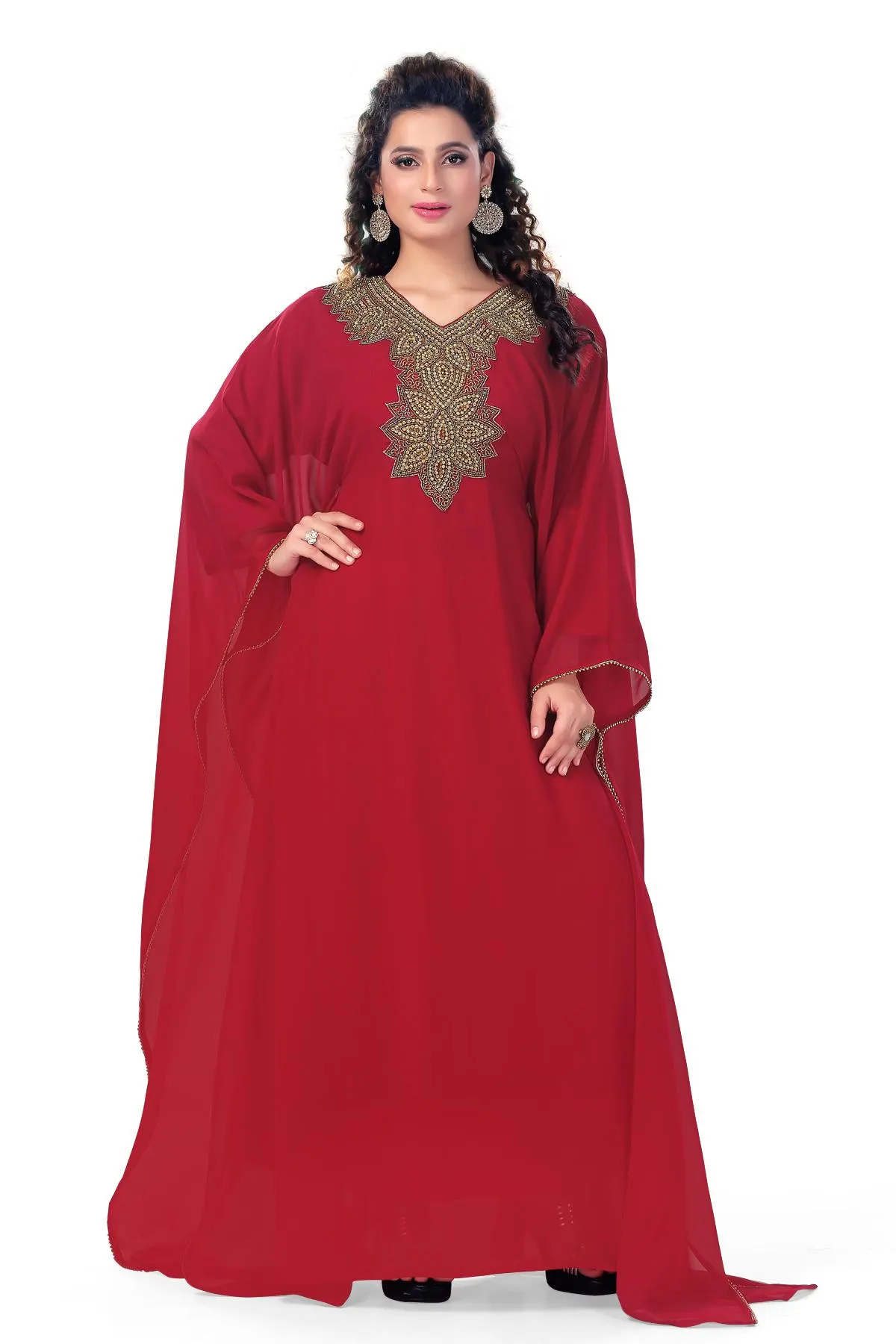 Sequin Kaftan Abaya: Georgette Chiffon Islamic Maxi Dress with Scarf_KAF-2033