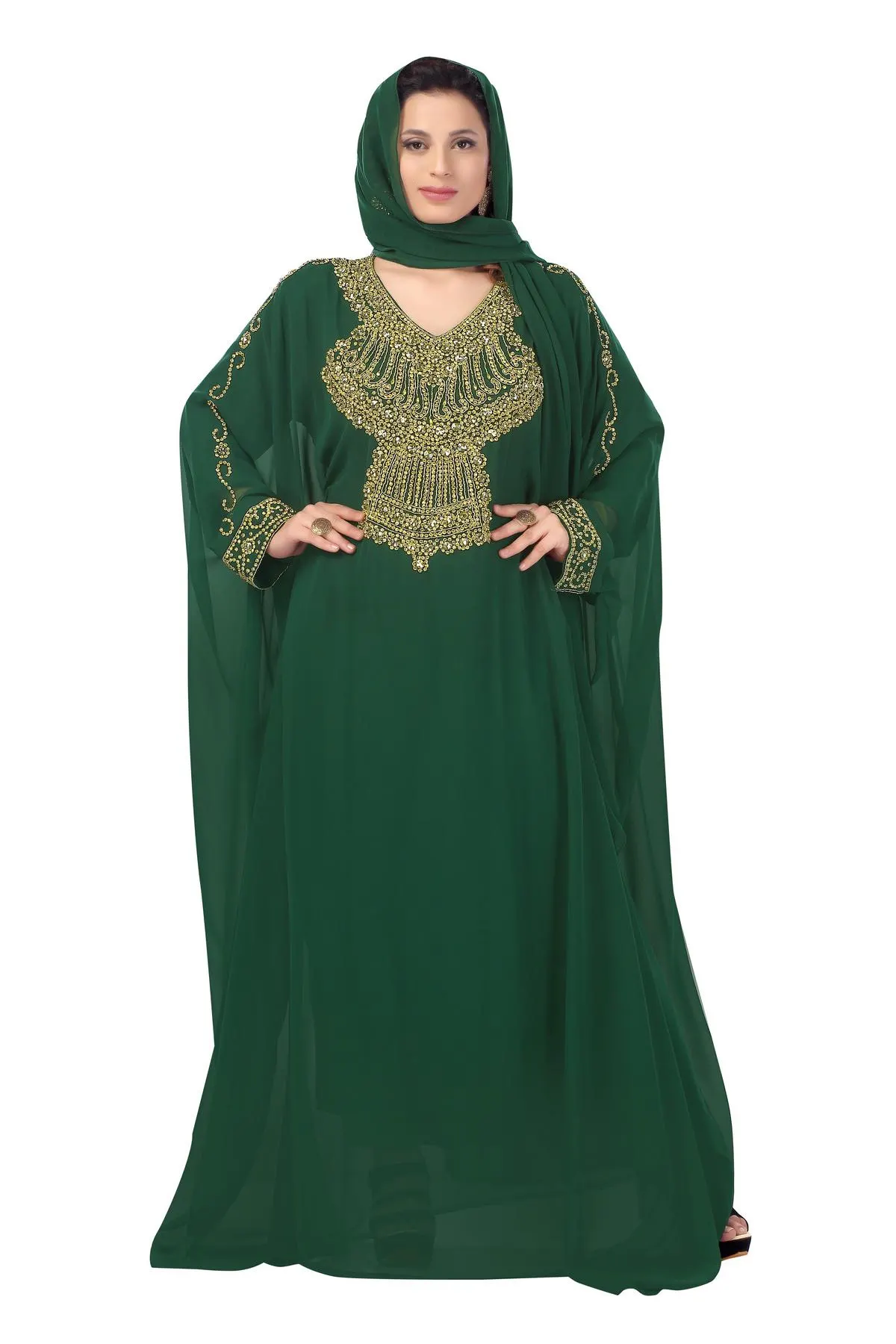 Sequin Kaftan Abaya with Scarf: Georgette Chiffon Islamic Dress_KAF-2028 - image 4