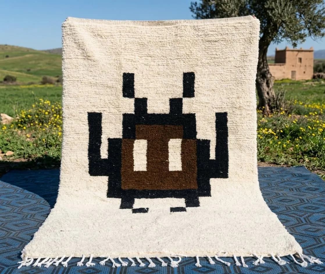Moroccan Beni Ourain Rug Pixel Art | Handmade Wool Area Rug 200x300cm | Retro Gaming Berber Carpet, 8-Bit Modern Rug, Custom Large Rug