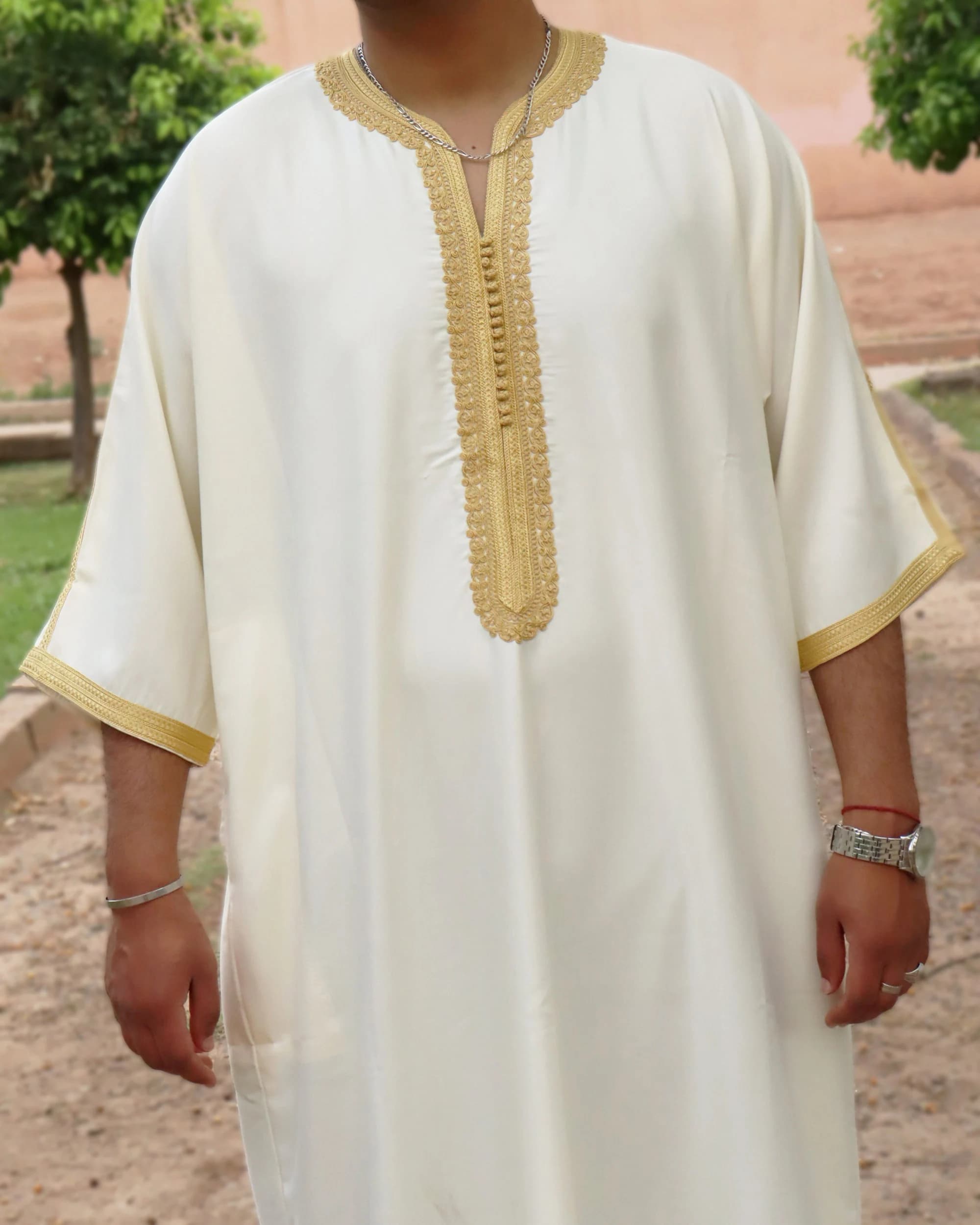 Moroccan Gandoura Men Kaftan | Handmade Embroidered Thobe Jubba | Eid Ramadan Gift Him