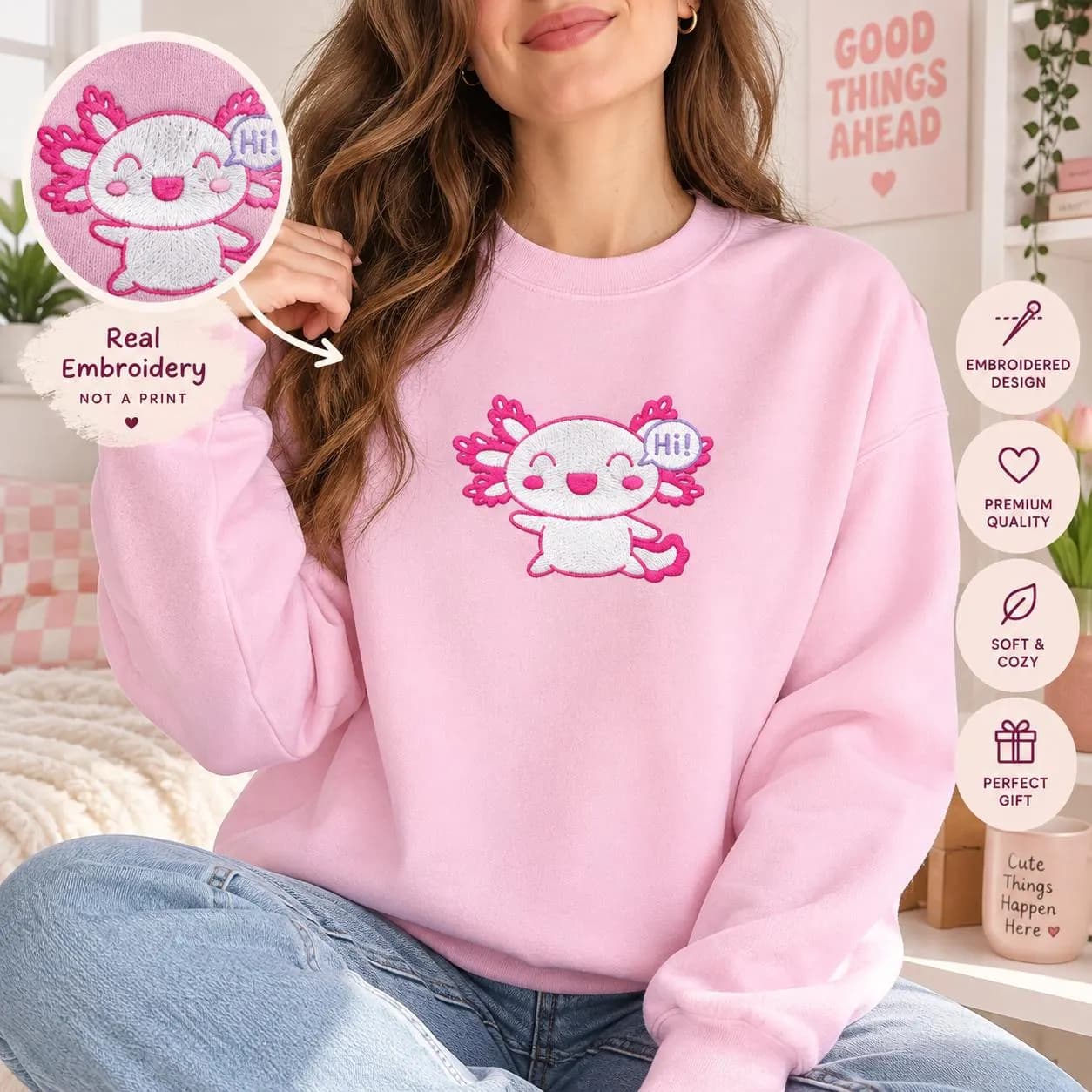 Baby Pink Axolotl Embroidered Crewneck Sweatshirt | Kawaii Amphibian Illustration
