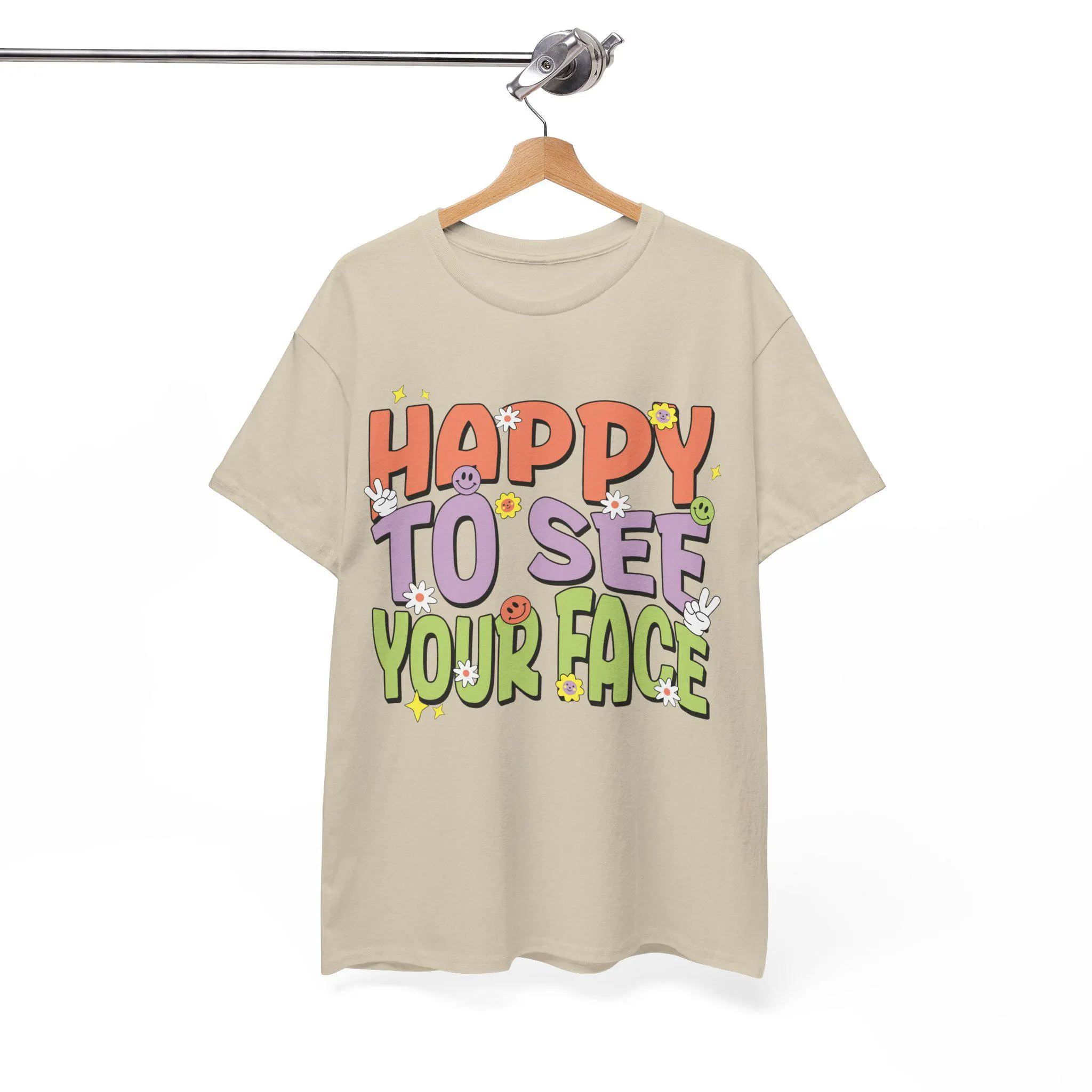 Happy To See Your Face T-Shirt | Cartoon Letters Smiley Face Tee - image 4