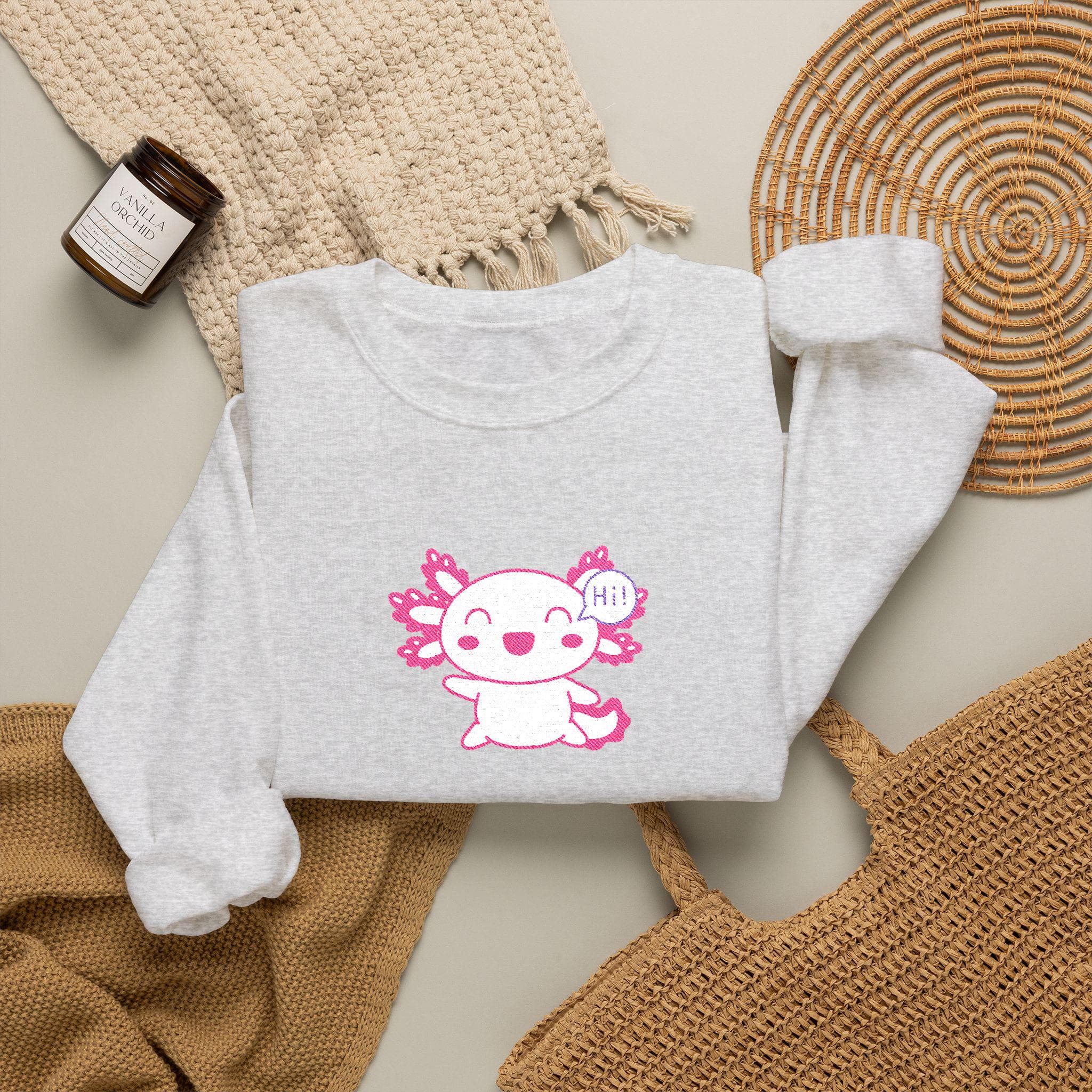 Baby Pink Axolotl Embroidered Crewneck Sweatshirt | Kawaii Amphibian Illustration - image 4