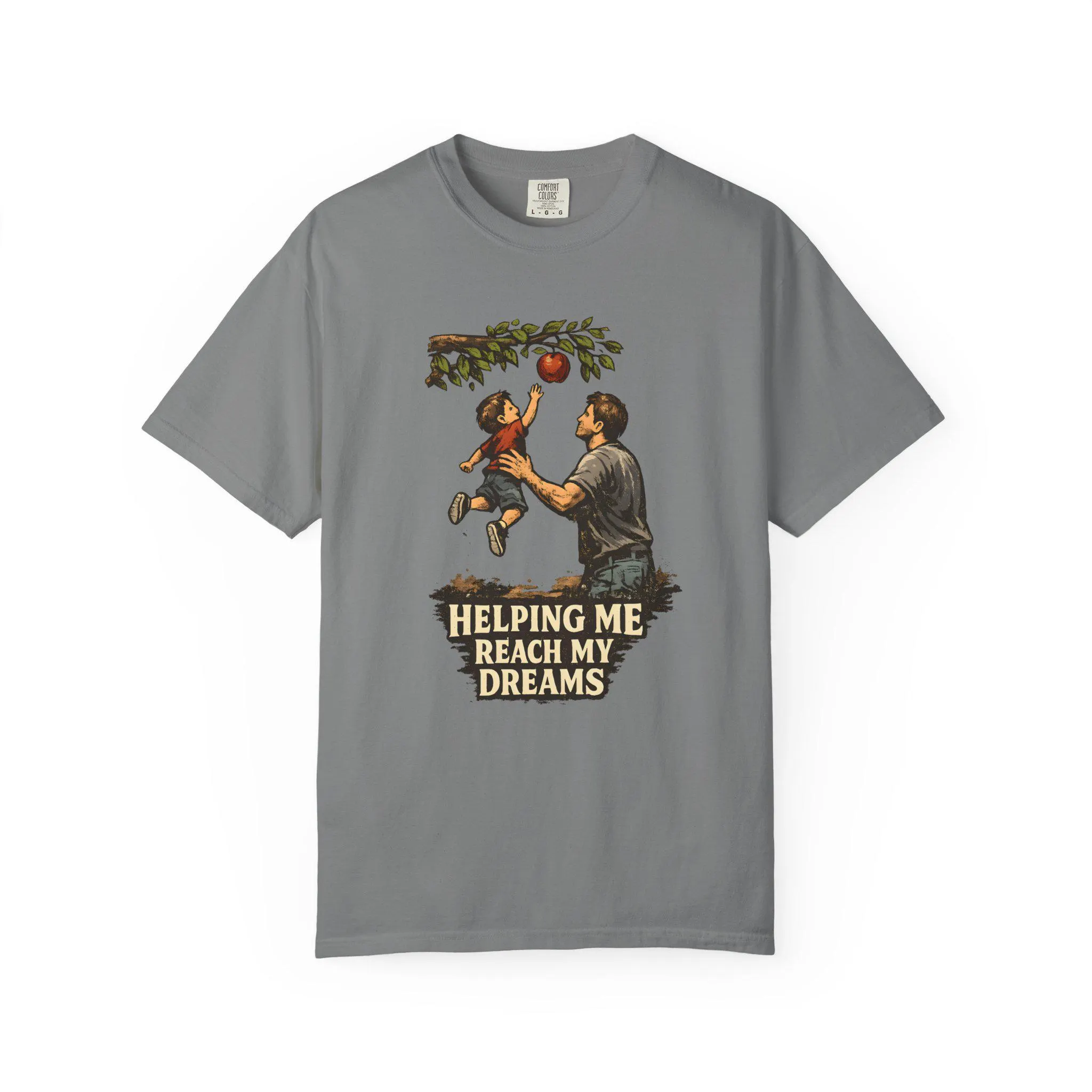 Helping Me Reach My Dreams T-Shirt | Father and Child Apple Picking Design - image 2