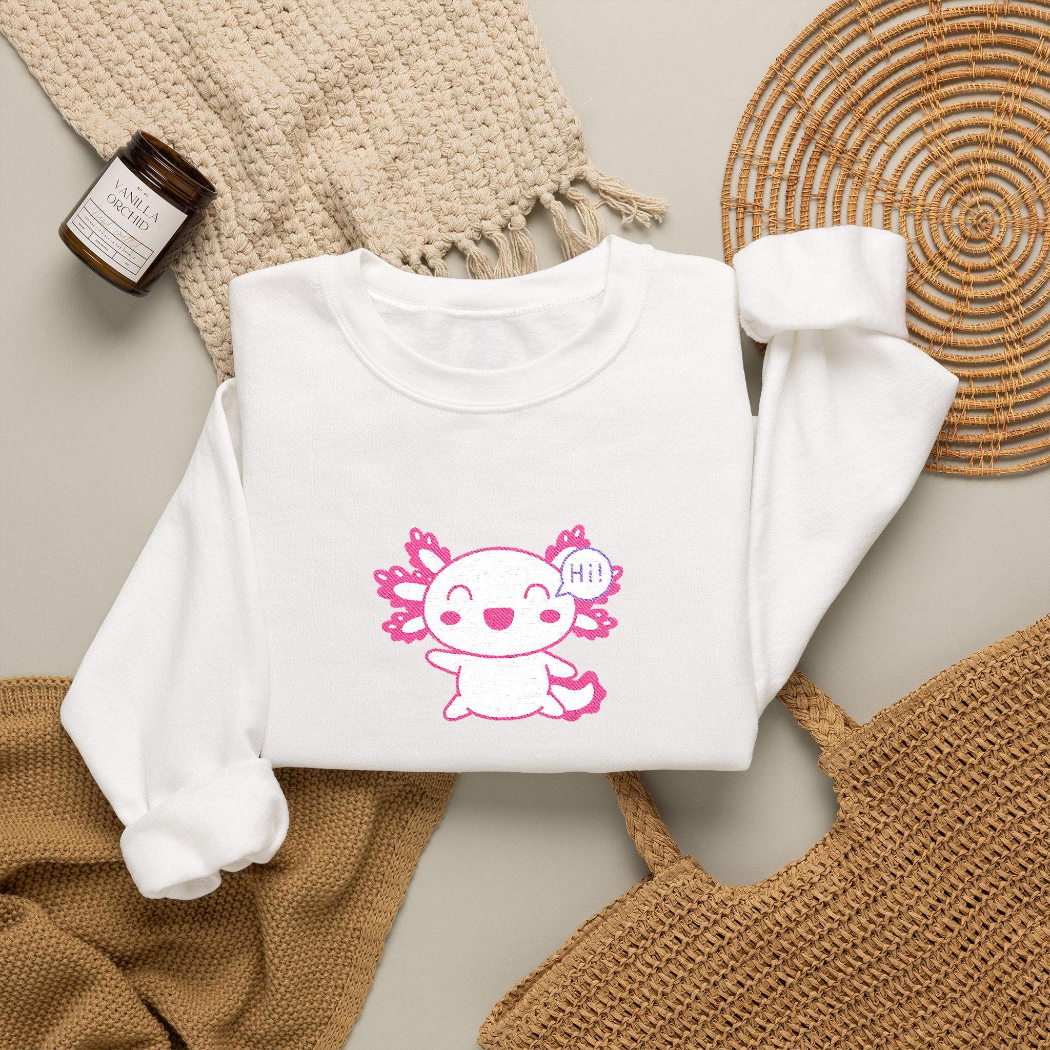 Baby Pink Axolotl Embroidered Crewneck Sweatshirt | Kawaii Amphibian Illustration - image 3