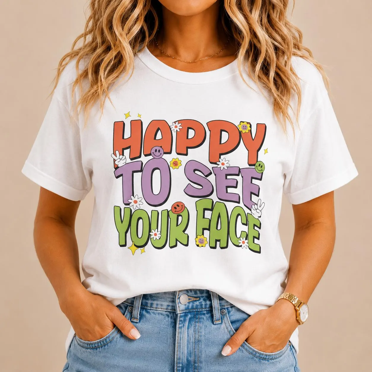 Happy To See Your Face T-Shirt | Cartoon Letters Smiley Face Tee