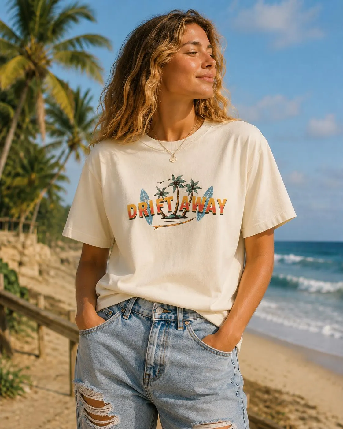 Retro Surf Graphic Tee: Garment-Dyed Cotton Beach Shirt with Palm Trees