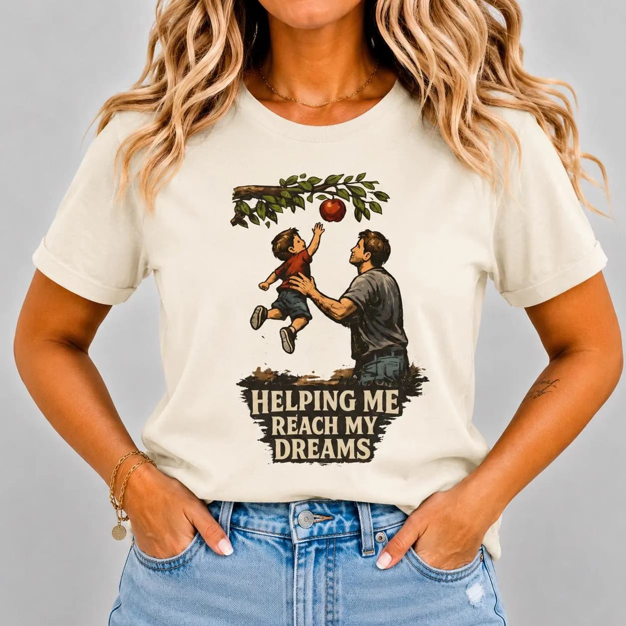 Helping Me Reach My Dreams T-Shirt | Father and Child Apple Picking Design