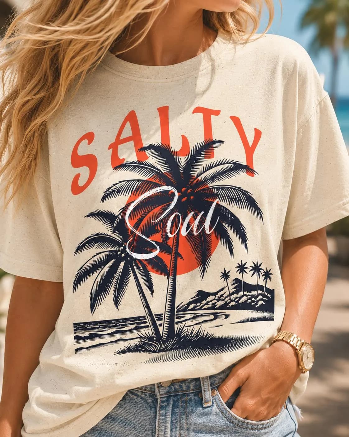 Salty Soul Summer Shirt | Retro Beach Sunset Palm Tree Tee