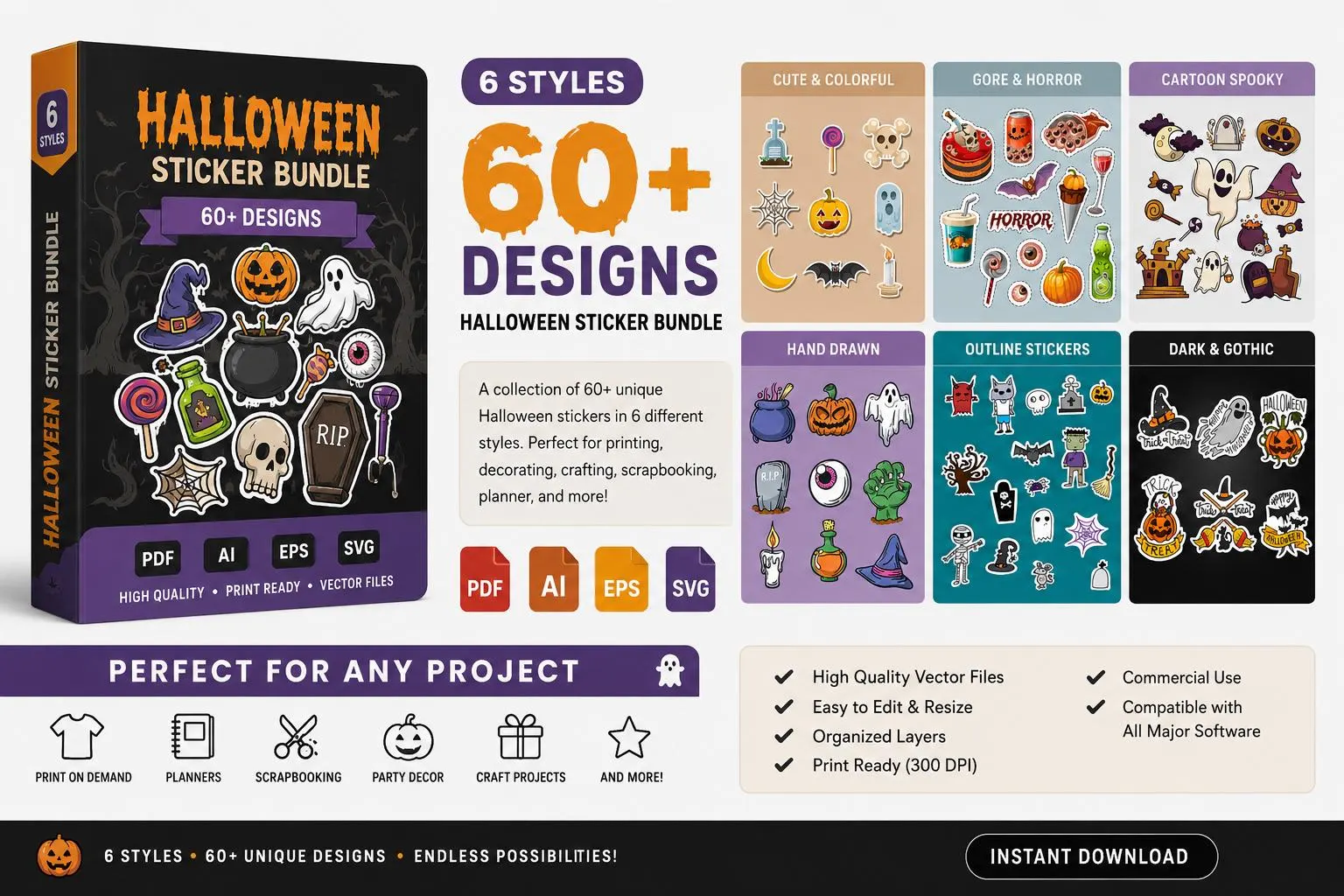 Halloween Sticker Bundle svg, eps, ai, pdf | 60+ Spooky Designs | Cricut Silhouette | Commercial Use