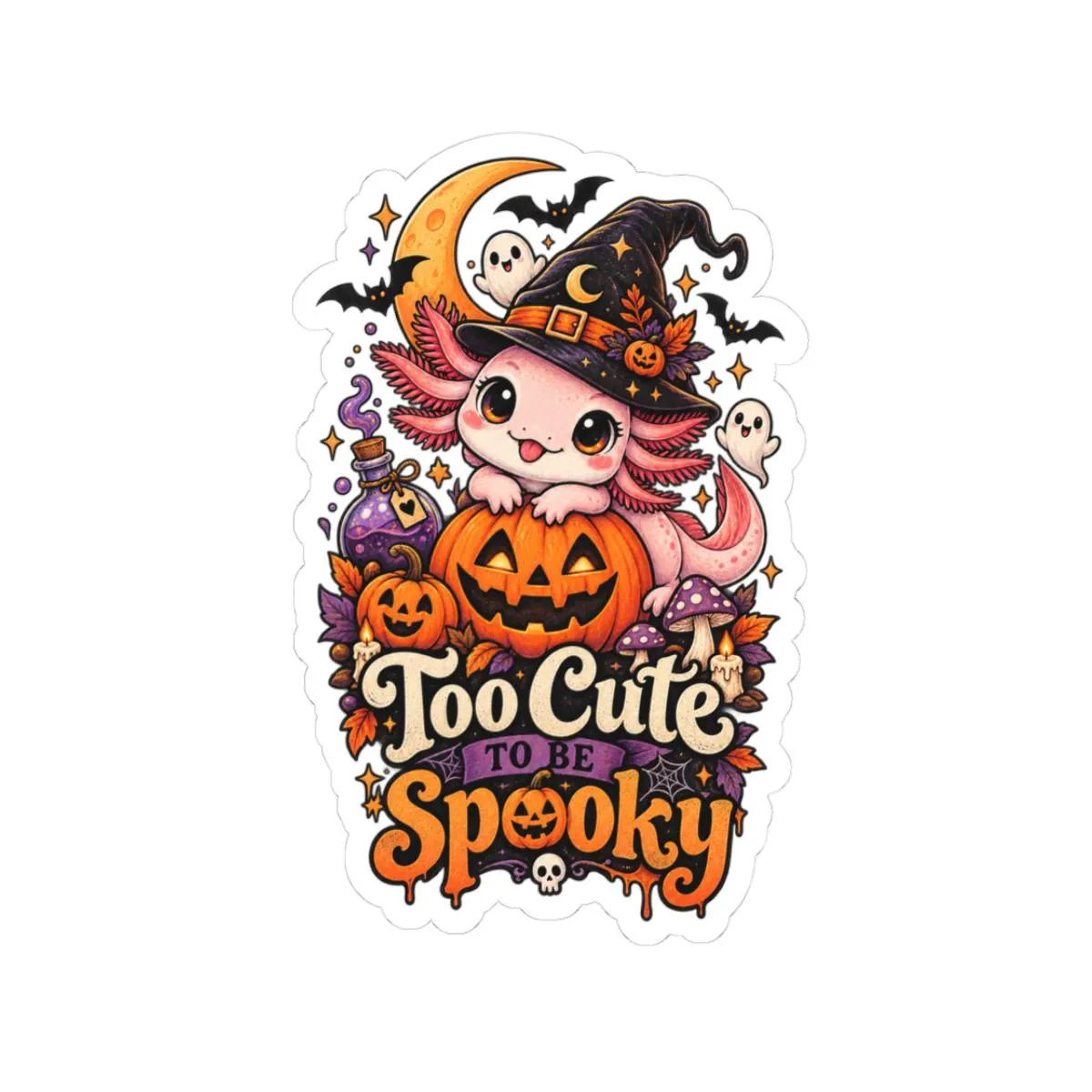 Halloween Axolotl Sticker | Witch Hat Pumpkin, Ghosts, Bats (Kiss-Cut)