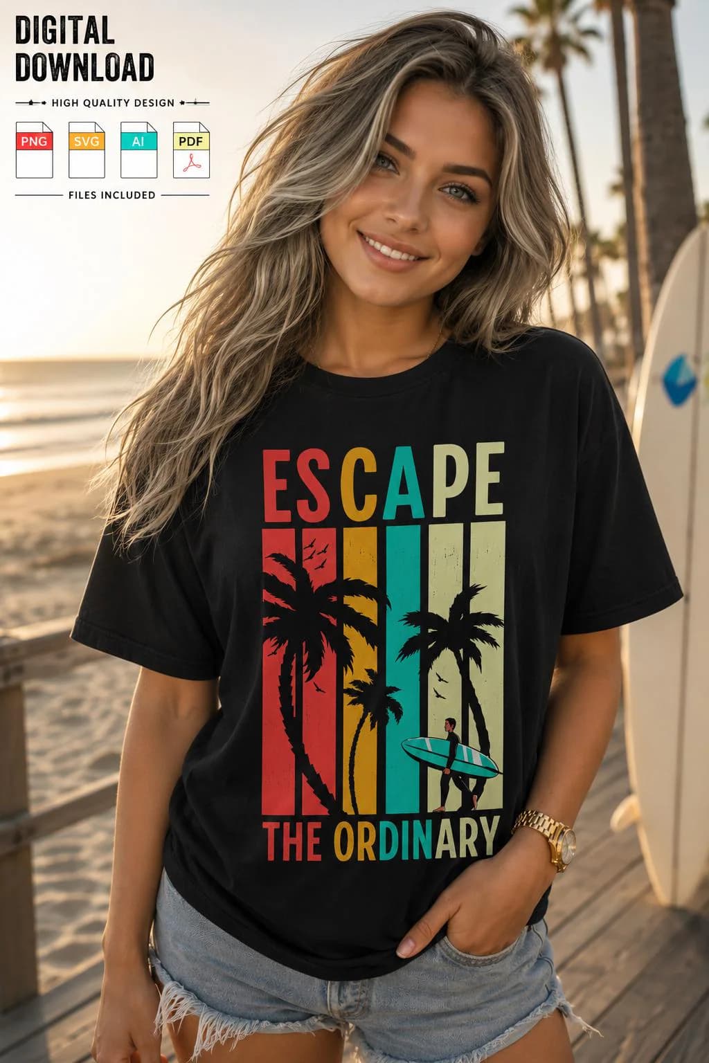 Original Graphic Tee, West Coast Palm Trees, Beach Surf Design (Digital Download)